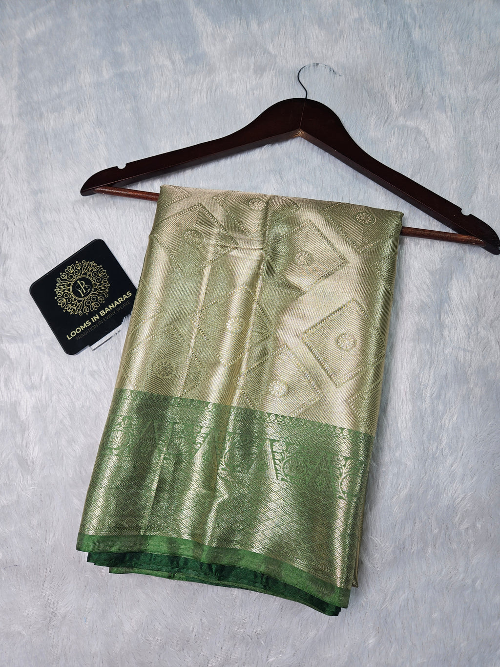 Pista Green Banarasi Soft Tissue Zari Brocade Design Saree Contrast