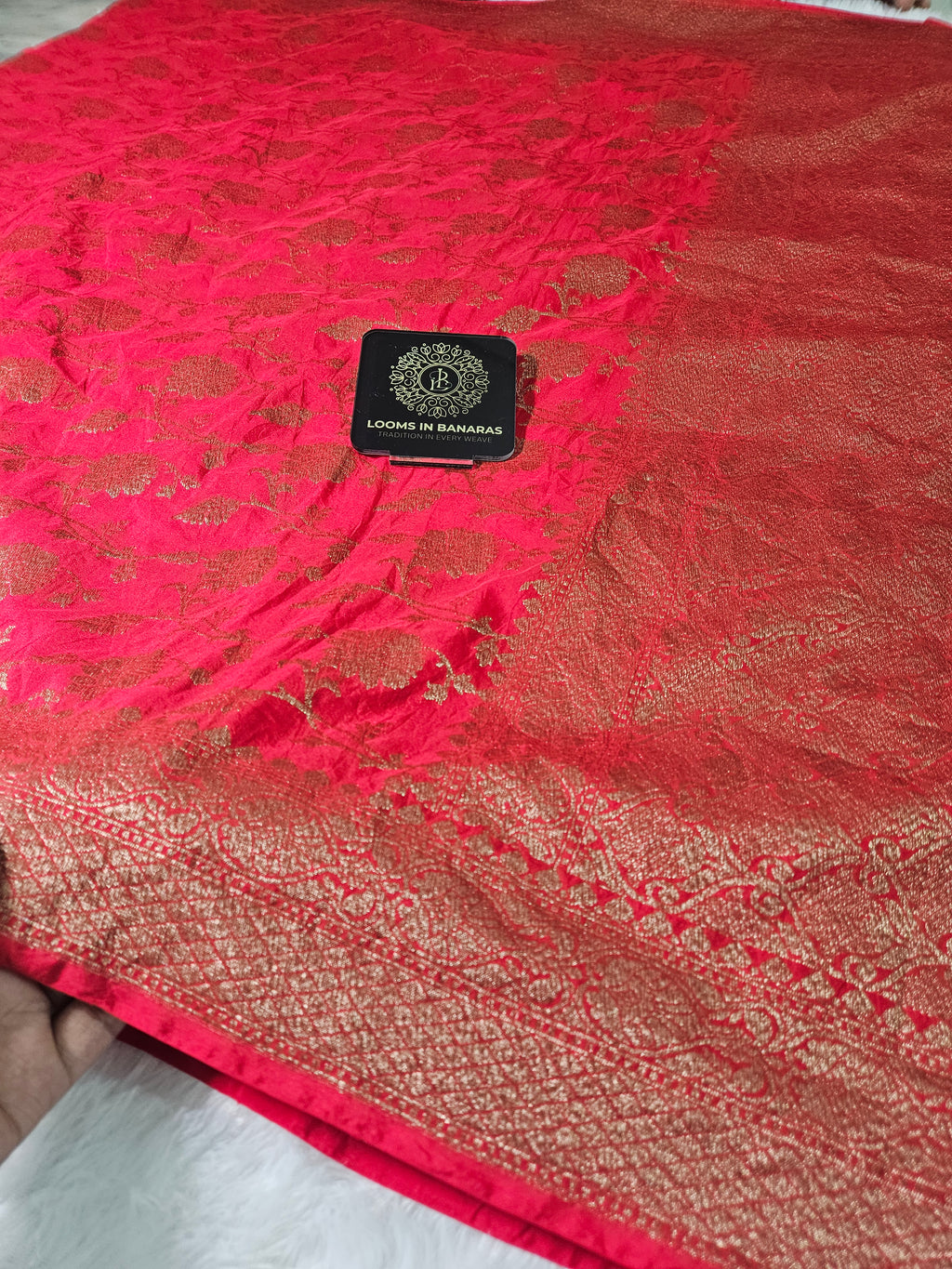 Banarasi Georgette Red Saree with Antique Zari Border Jaal