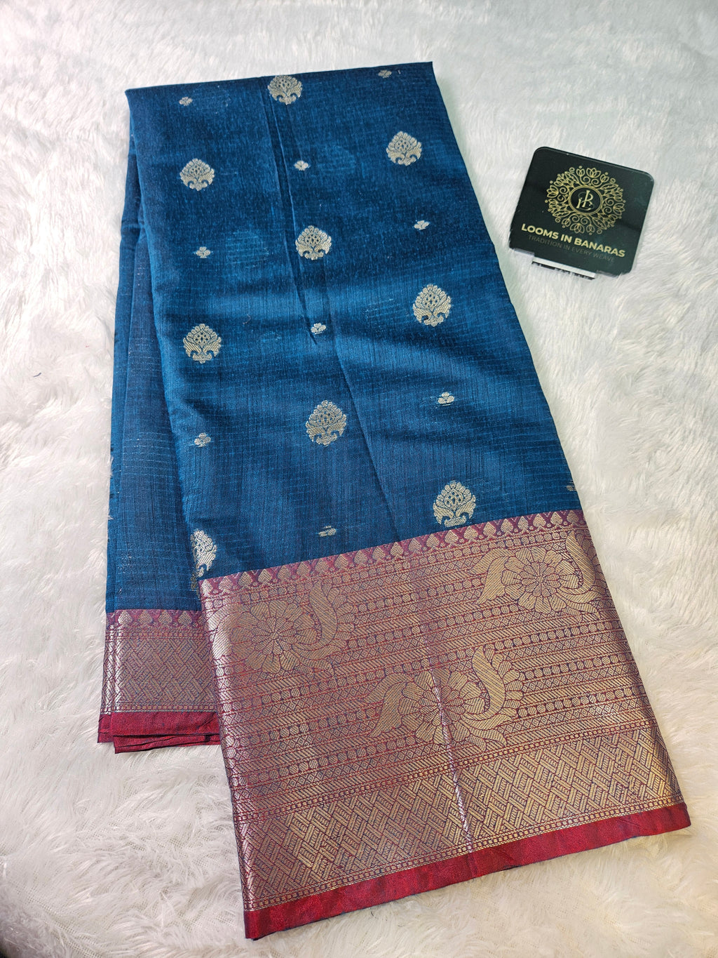 Blue and Red Contrast Banarasi Cotton Zari Border Boota Saree