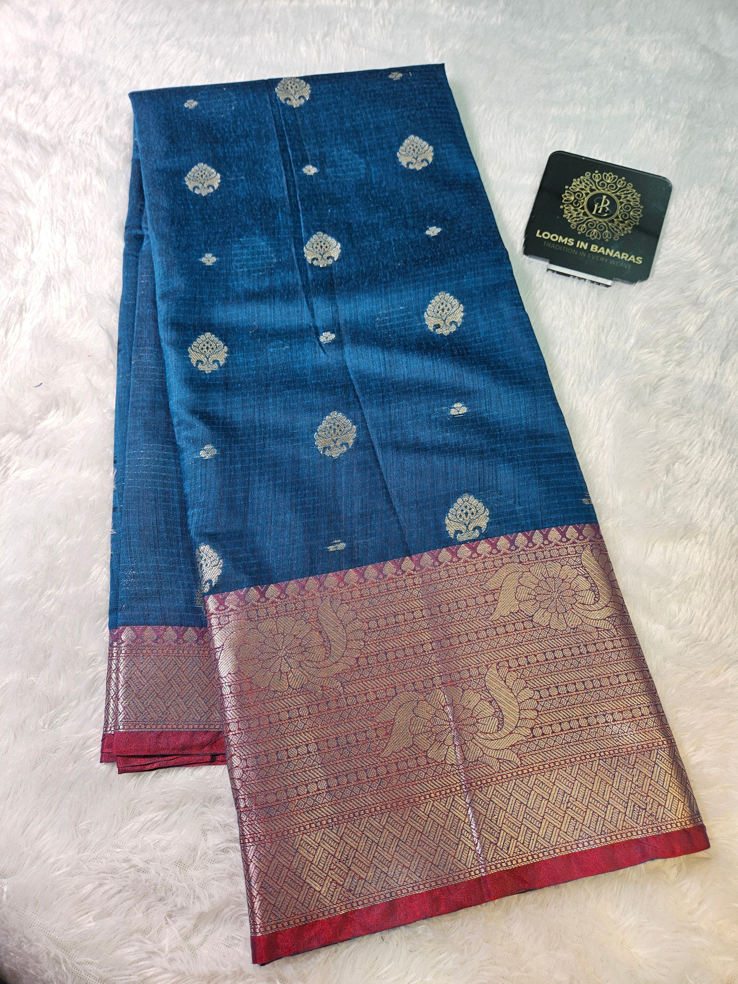 Blue and Red Contrast Banarasi Cotton Zari Border Boota Saree