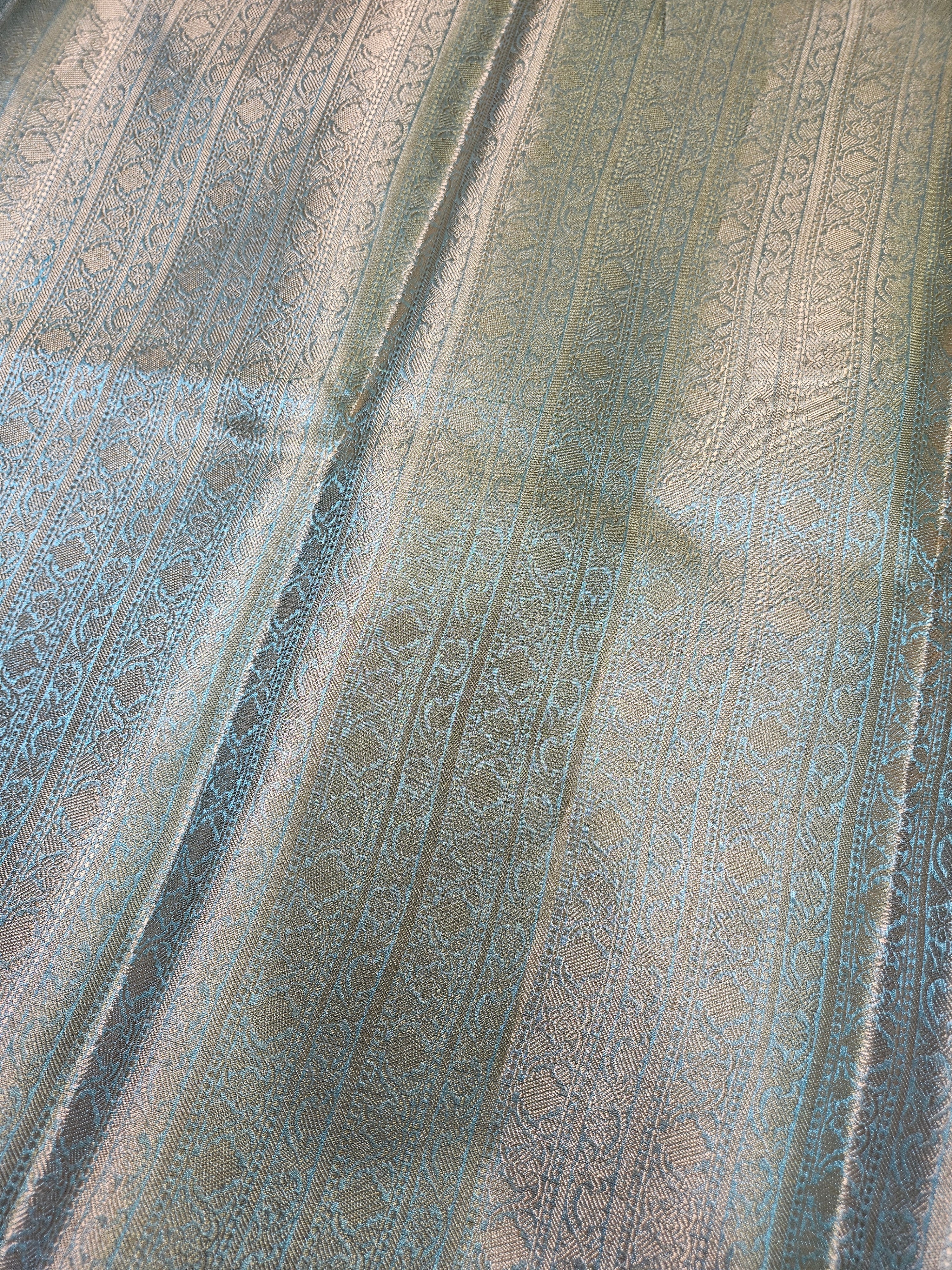 Aqua Blue Banarasi Tissue Zari Buti Design Small Border Saree
