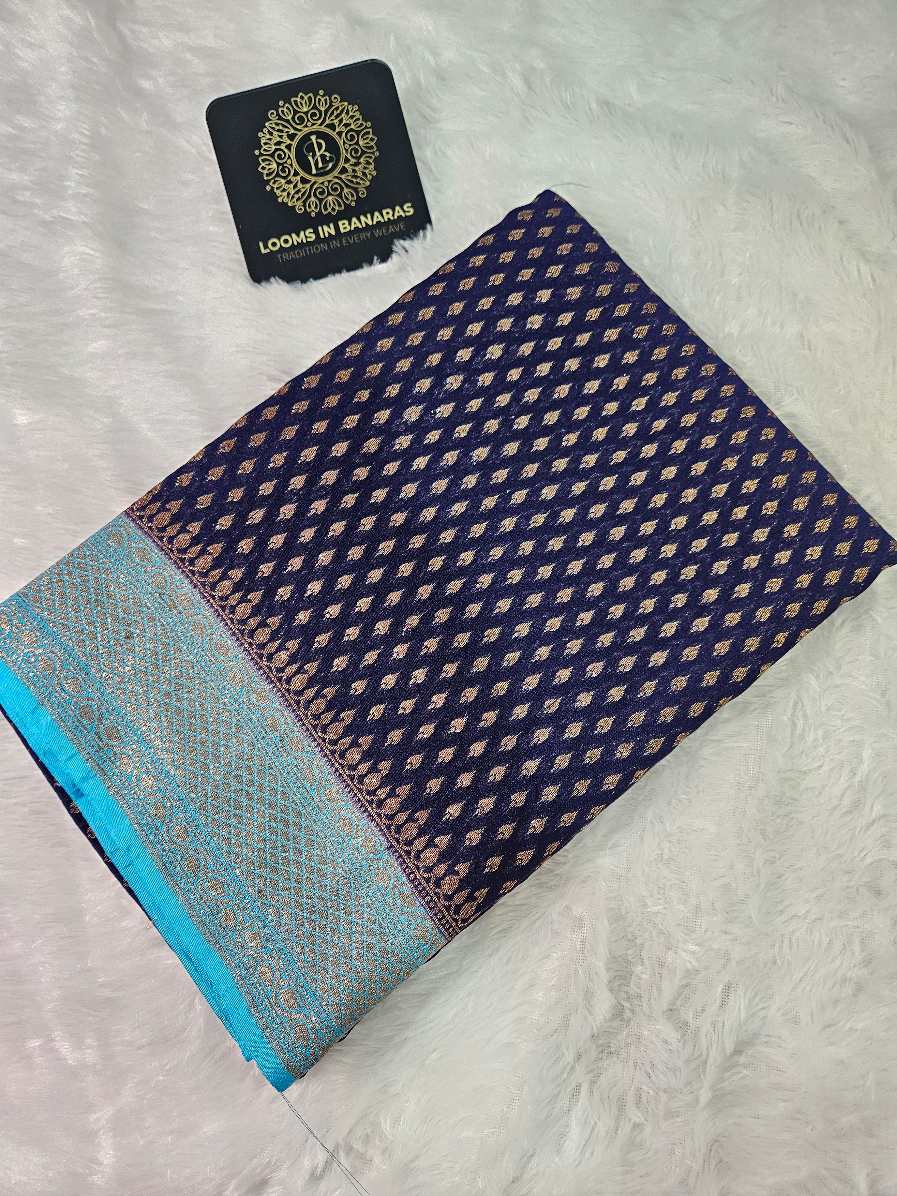 Banarasi Georgette Navy Blue Contrast Firozi Saree with Antique Zari Border buti