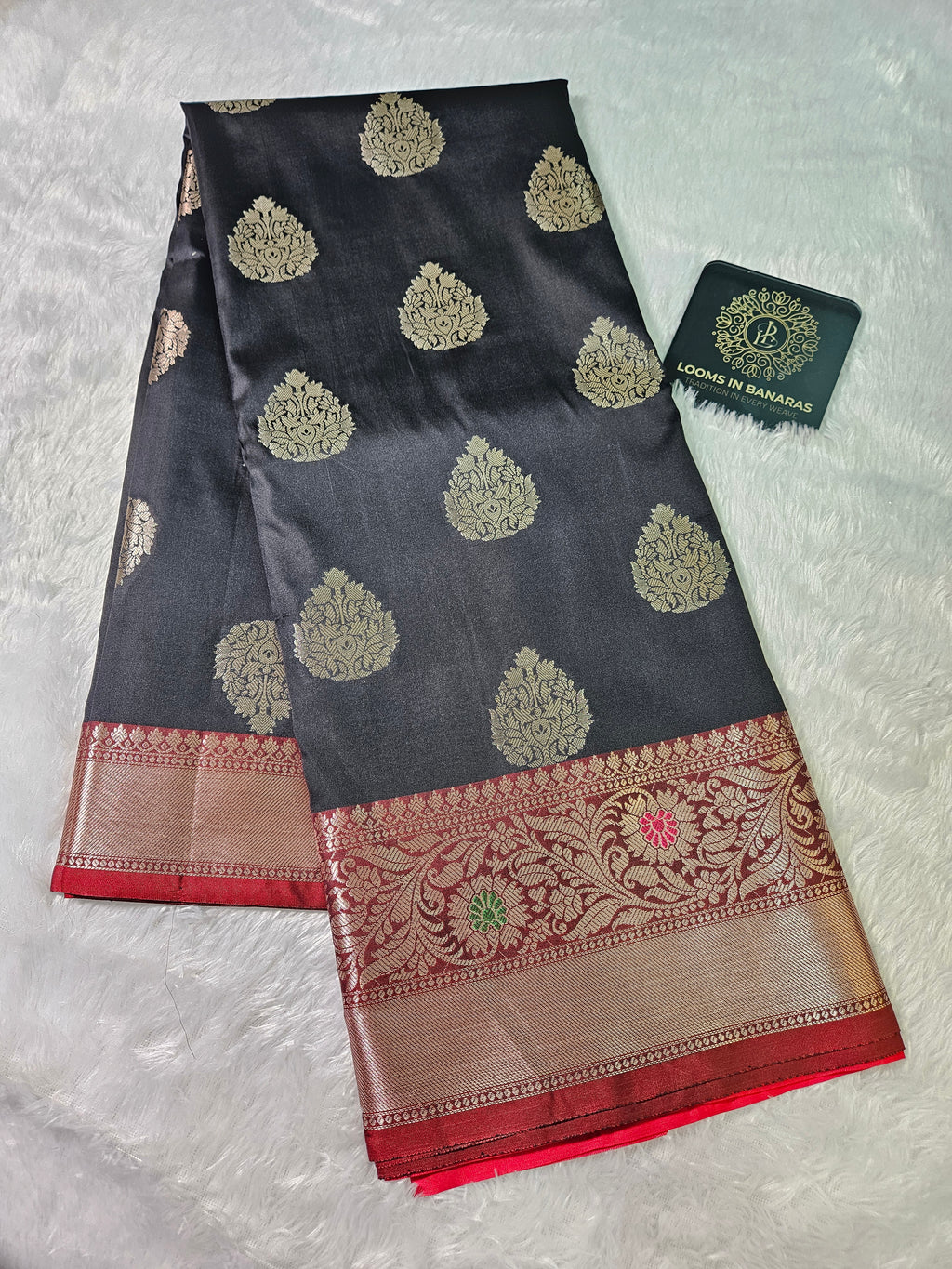 Black and Red Contrast Banarasi Silk Buta Zari Border Saree