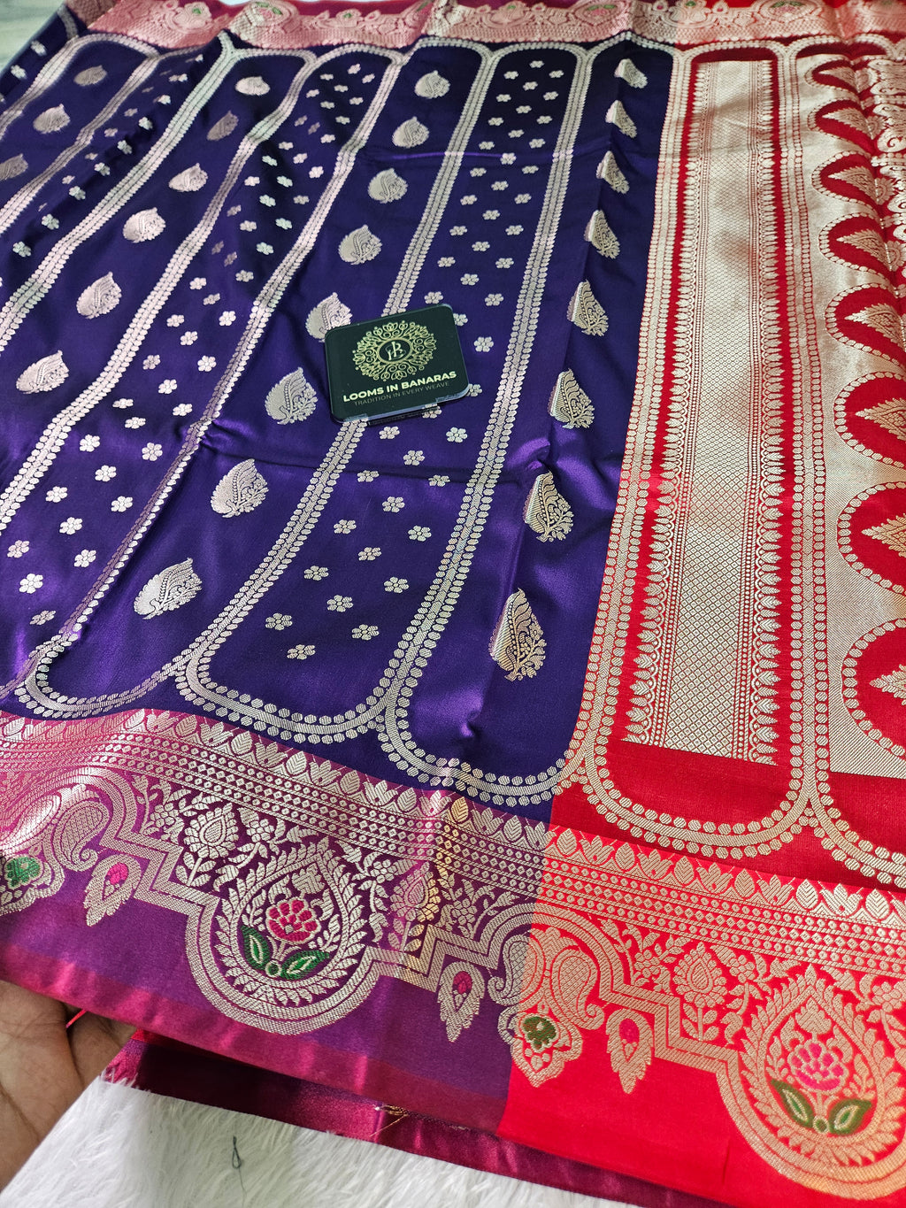 Purple and Red Contrast Banarasi Silk Jaal Zari Border Saree