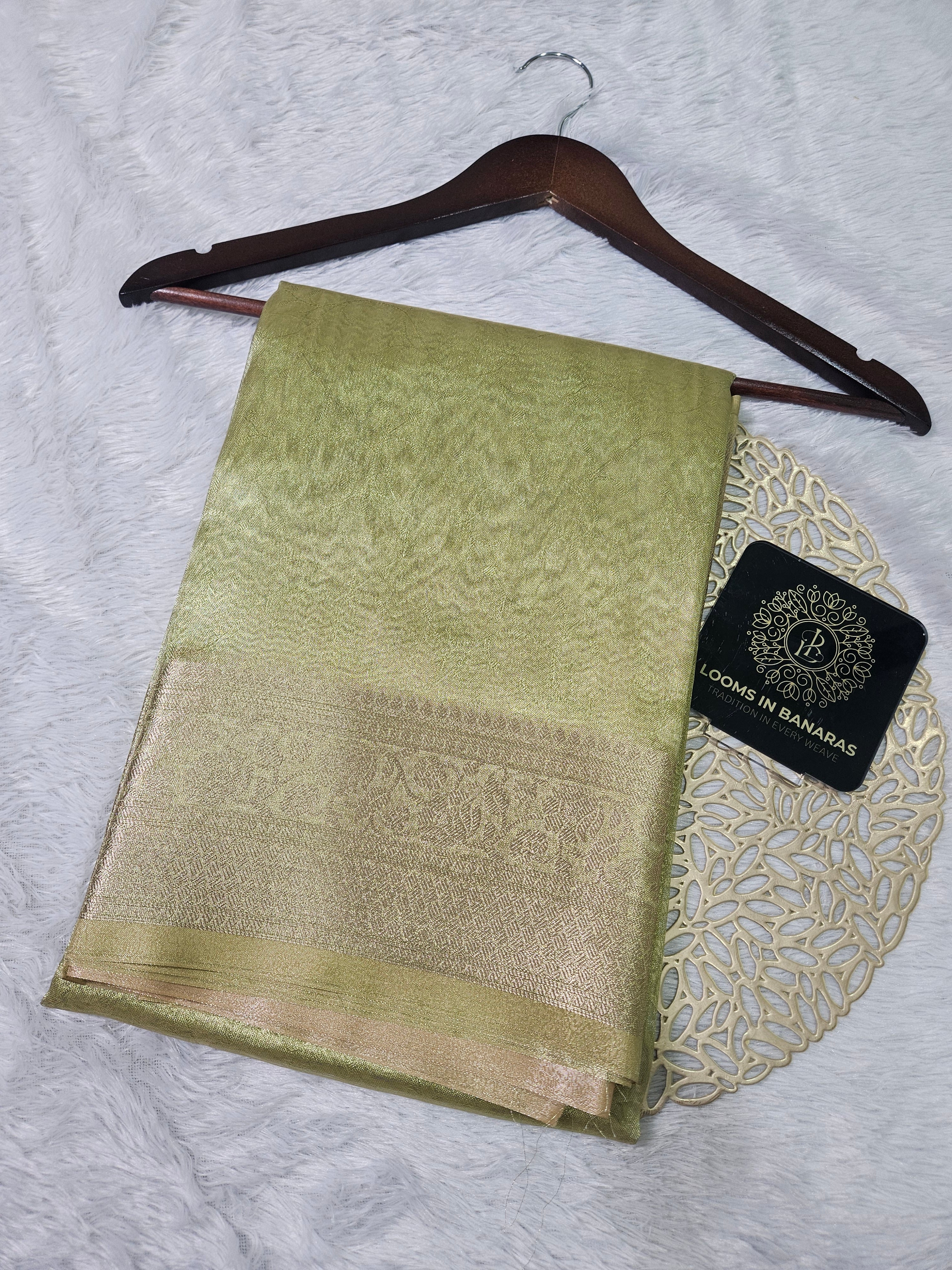 Metallic Pista Banarasi Tissue Zari Tanchui Design Border Saree