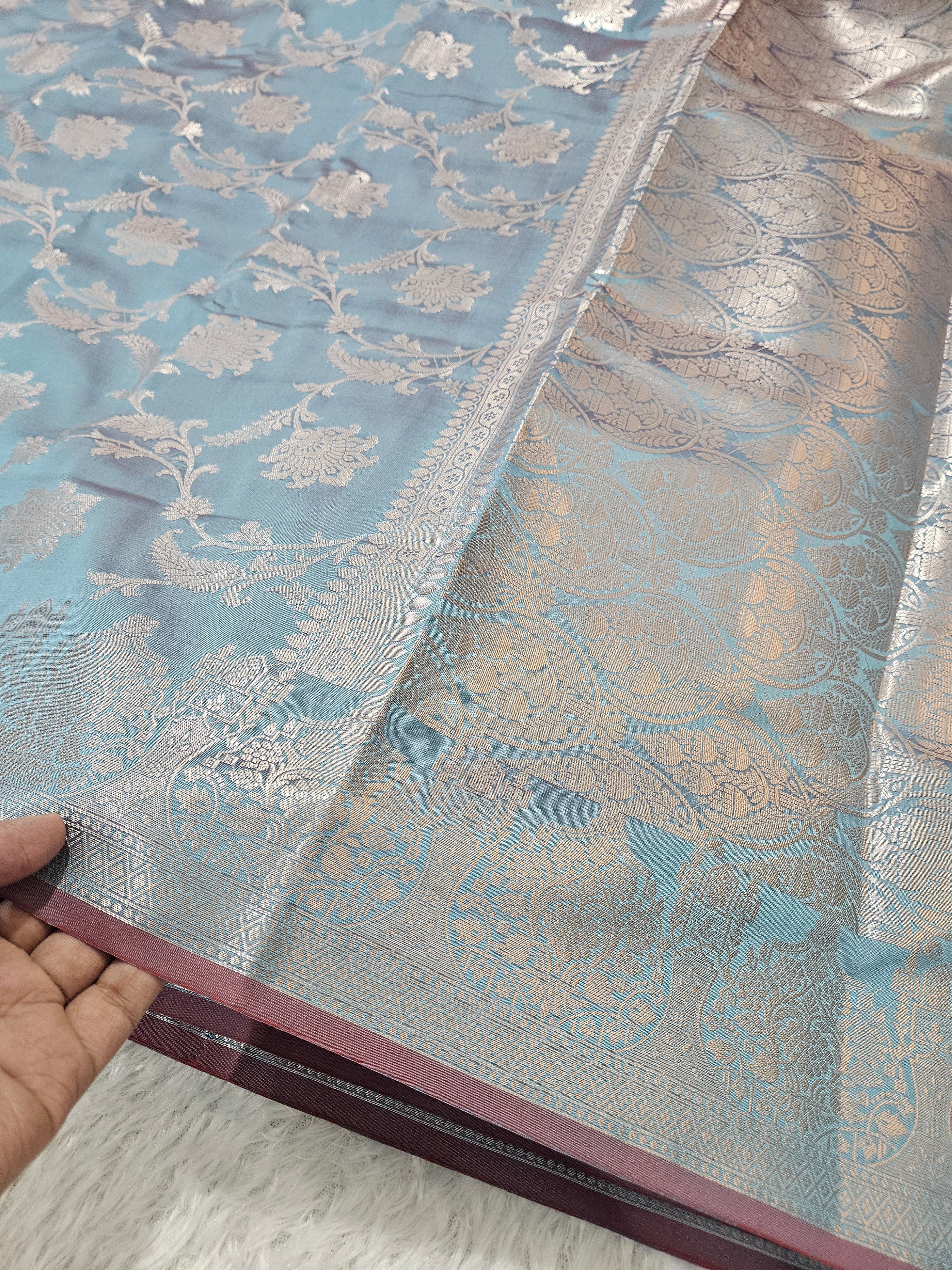 Banarasi Silk Blue Steel Grey Jaal Zari Border Saree