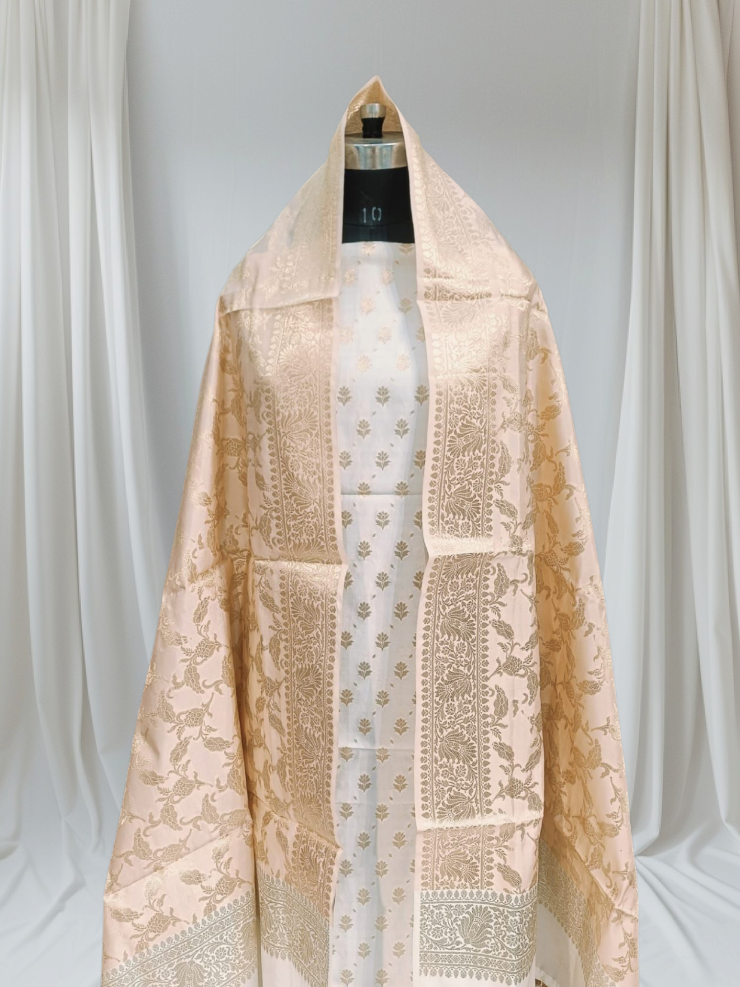 White And Peach Contrast Zari Buti Banarasi Silk Suit