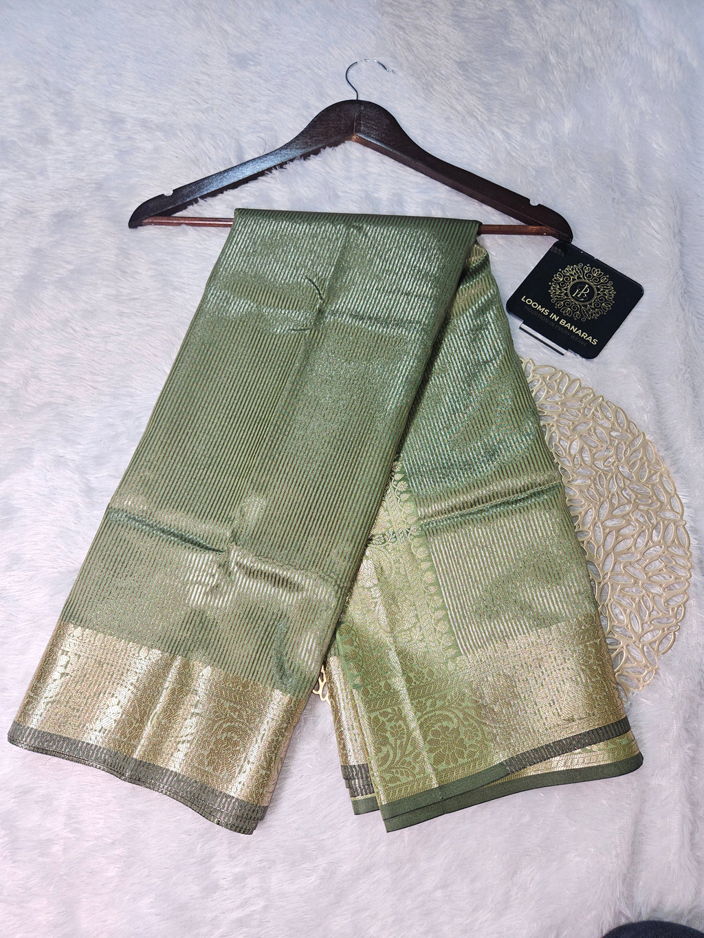 Mehndi Banarasi Soft Tissue Zari Stripe Design Saree