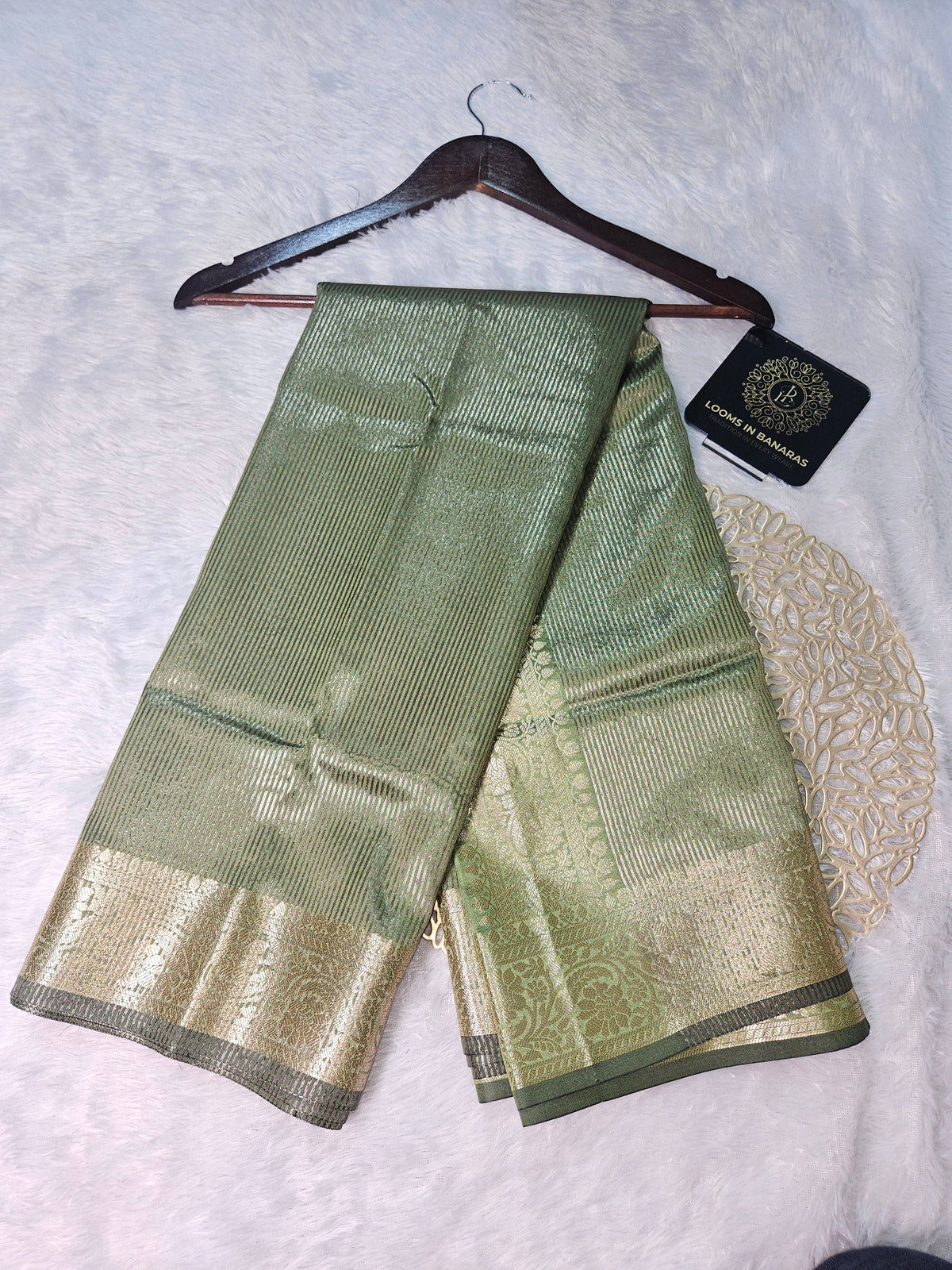 Mehndi Banarasi Soft Tissue Zari Stripe Design Saree