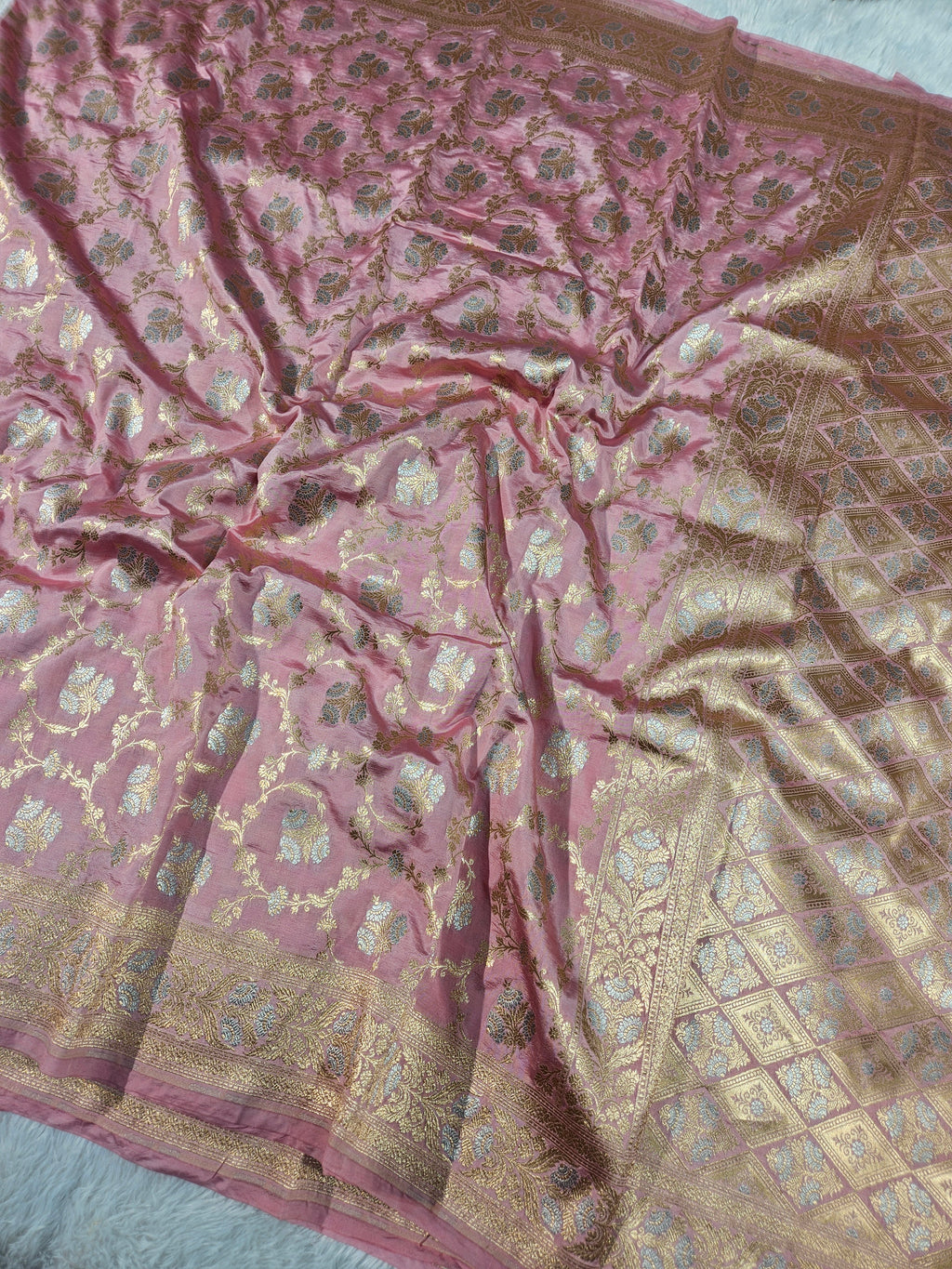 Pink Malai Katan Silk Alfi Rupa Sona Jangla Saree
