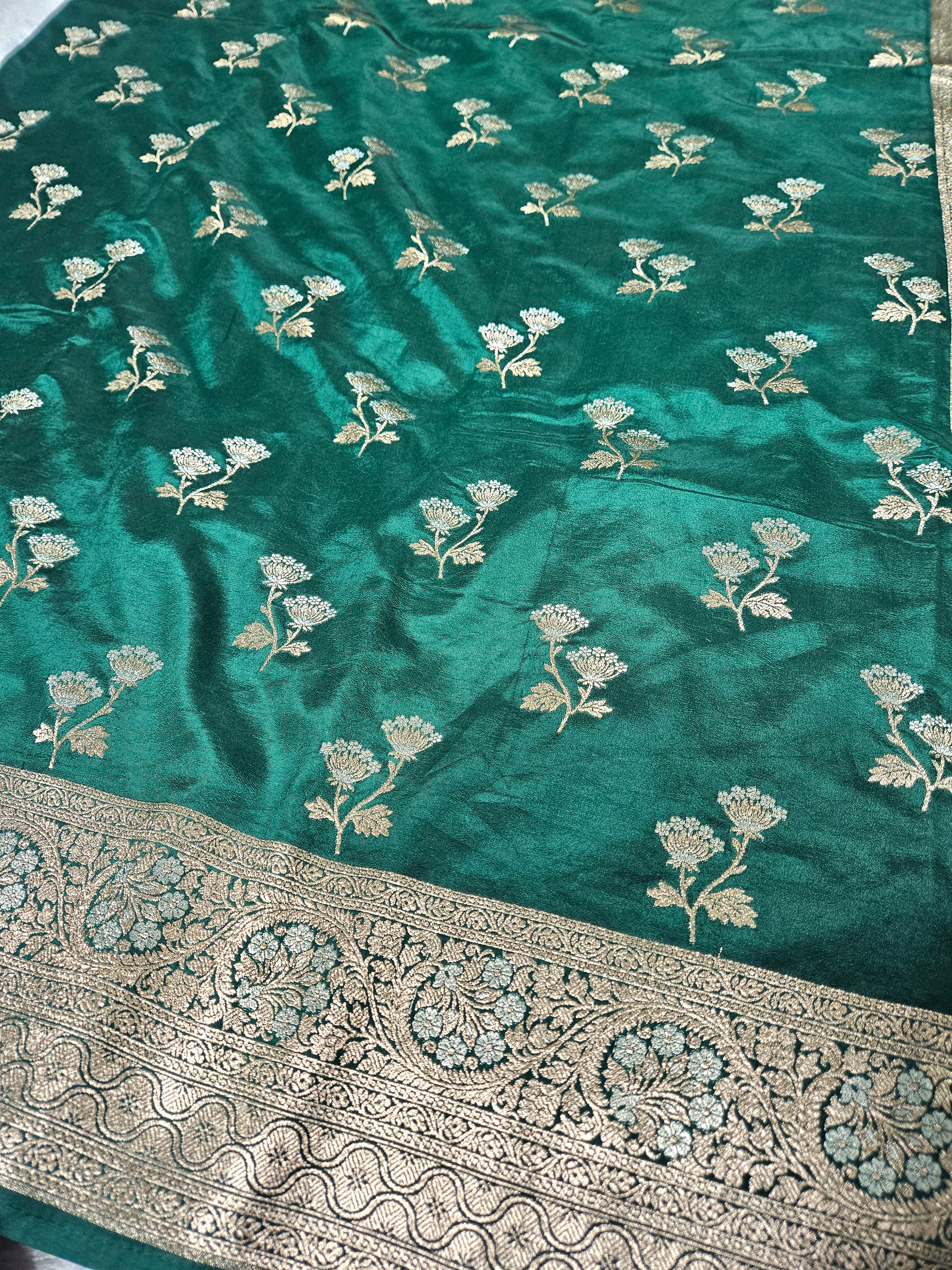 Banarasi Bottle Green Malai Katan Silk Alfi Booti Saree
