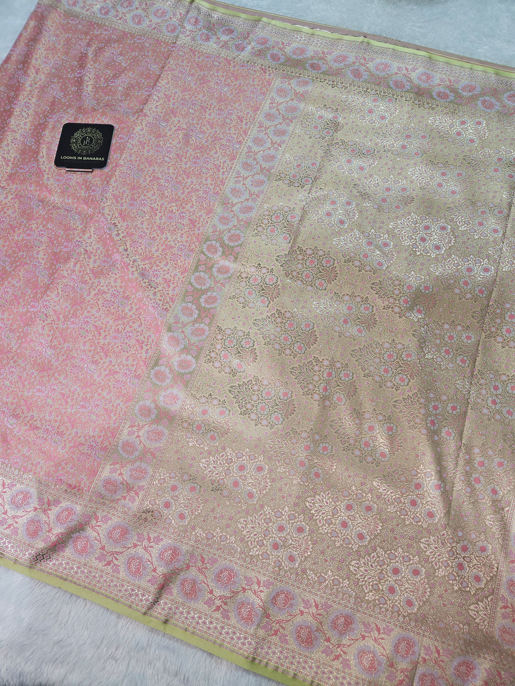 Cream Banarasi Jamewar Satin Silk Saree with Pink Multi Mina.
