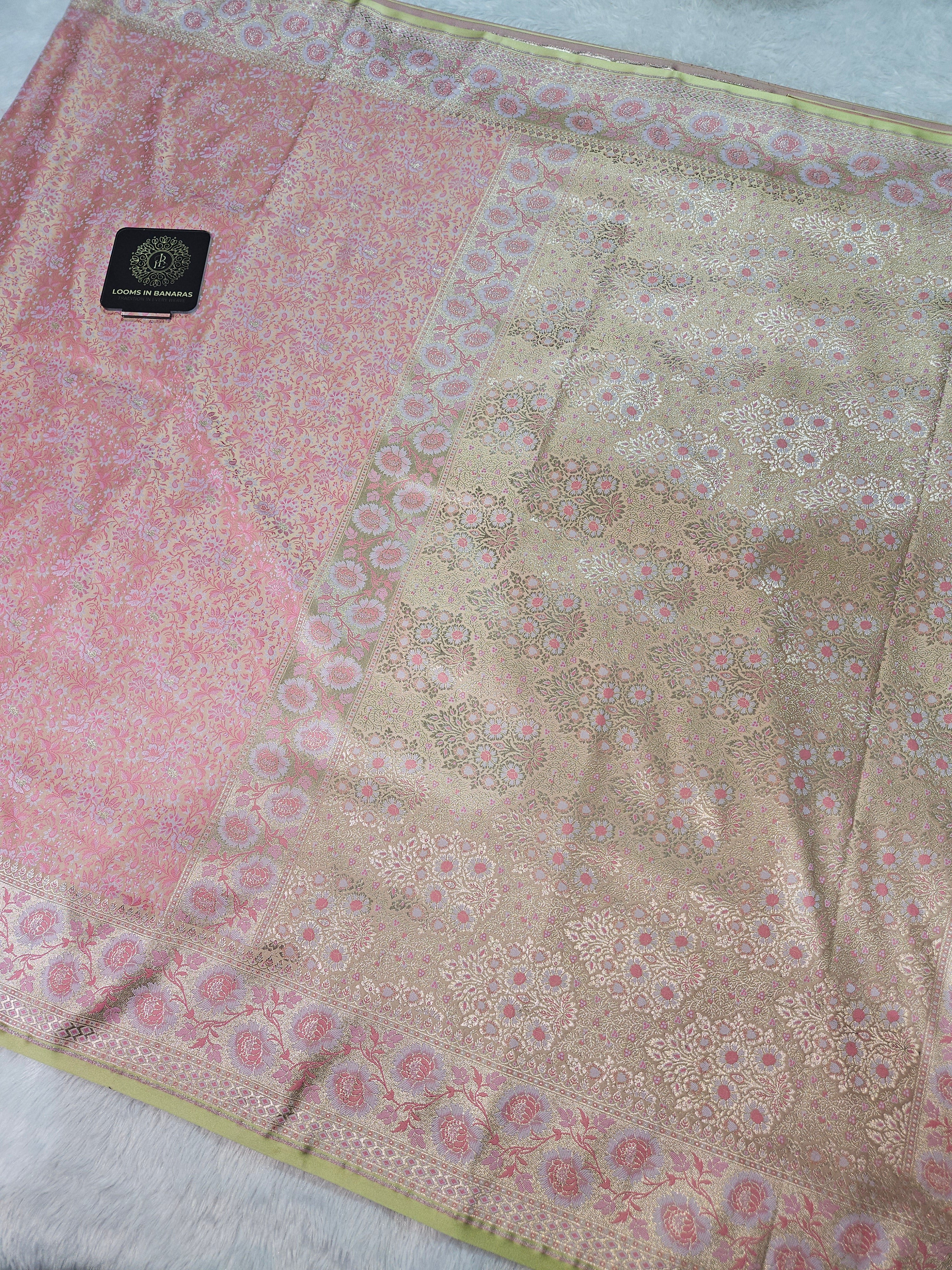 Cream Banarasi Jamewar Satin Silk Saree with Pink Multi Mina.