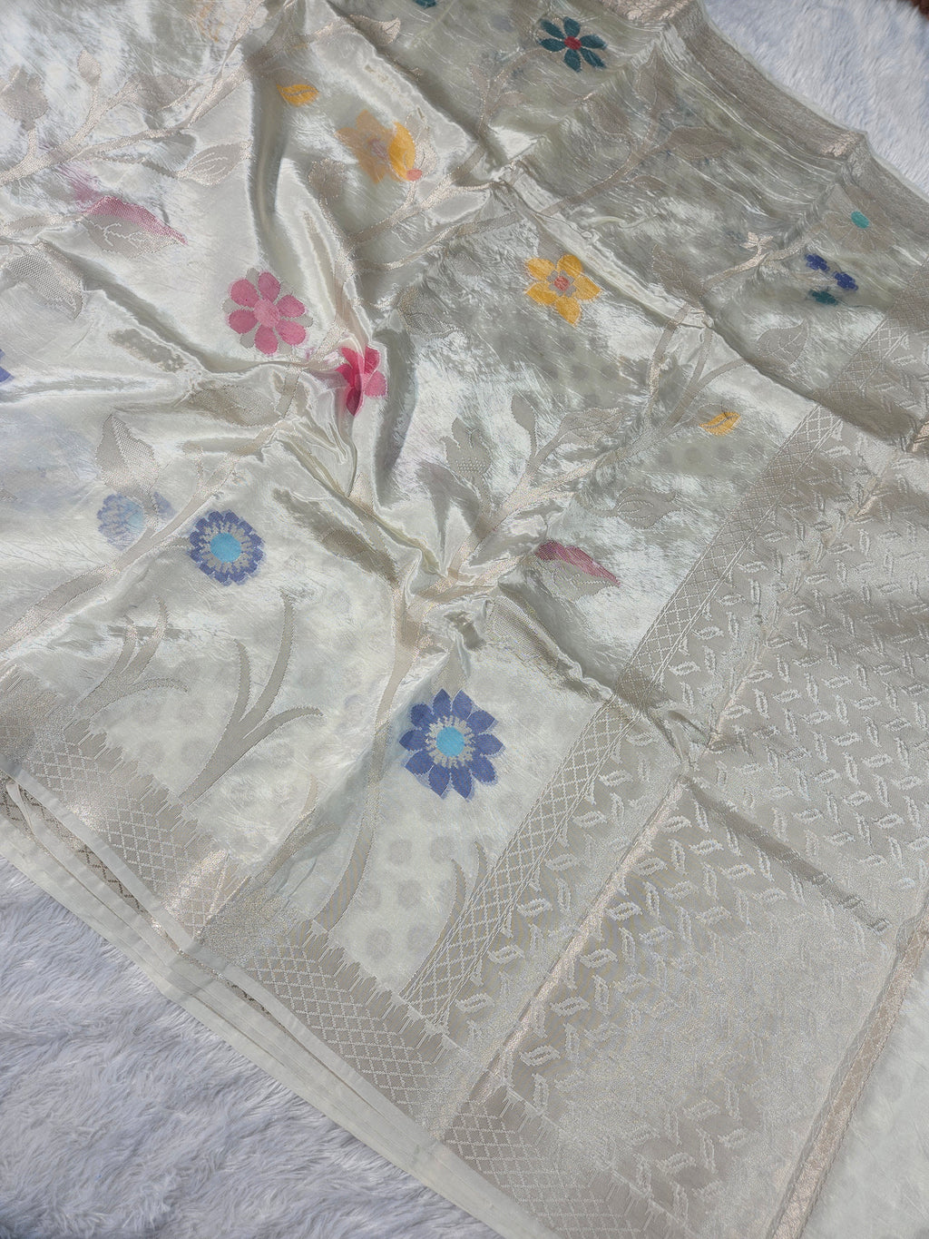 Off White Banarasi Viscose Silk Saree Floral Jaal with Small border