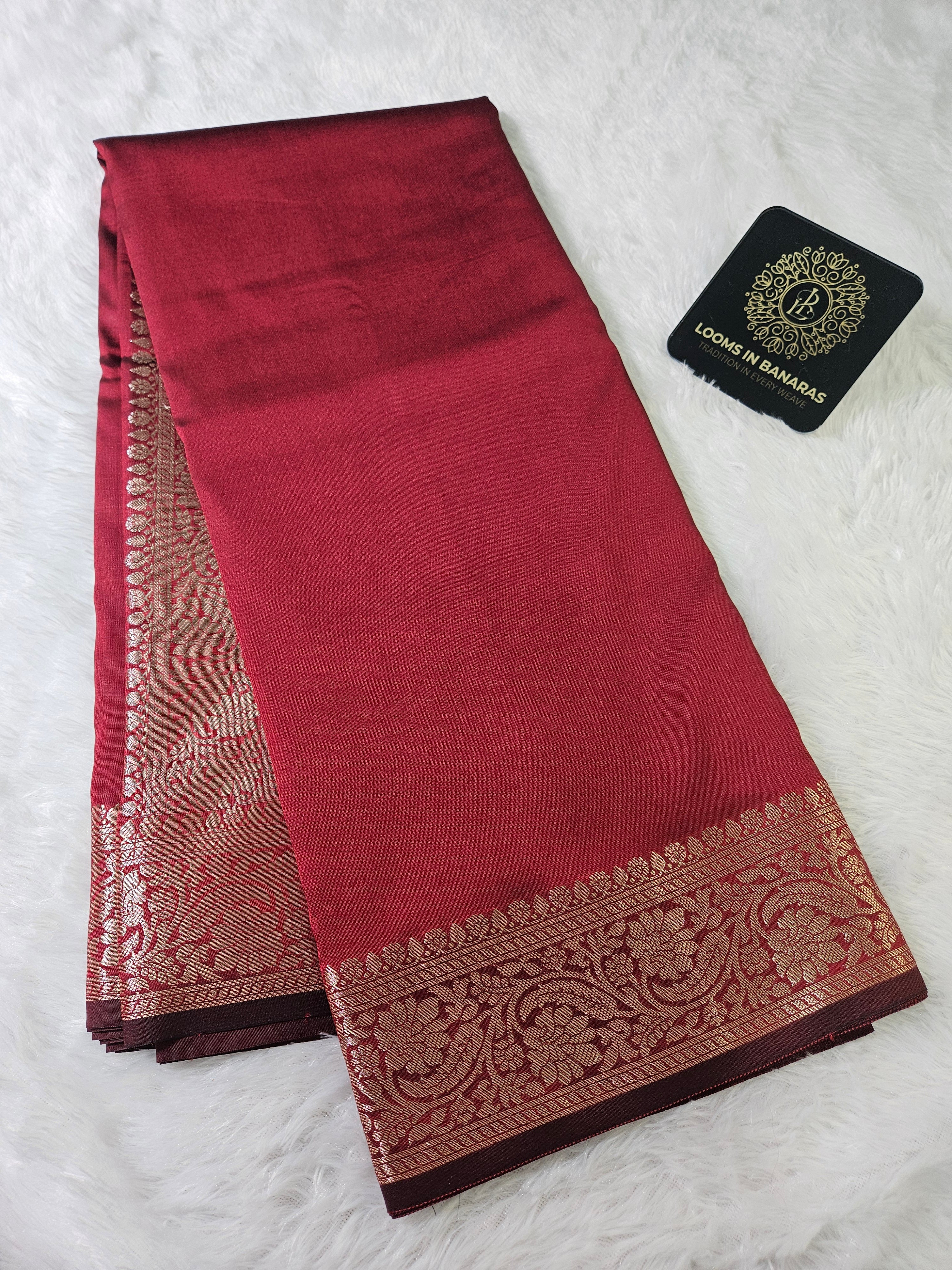 Banarasi Maroon Plain Saree Zari Aanchal Border Design