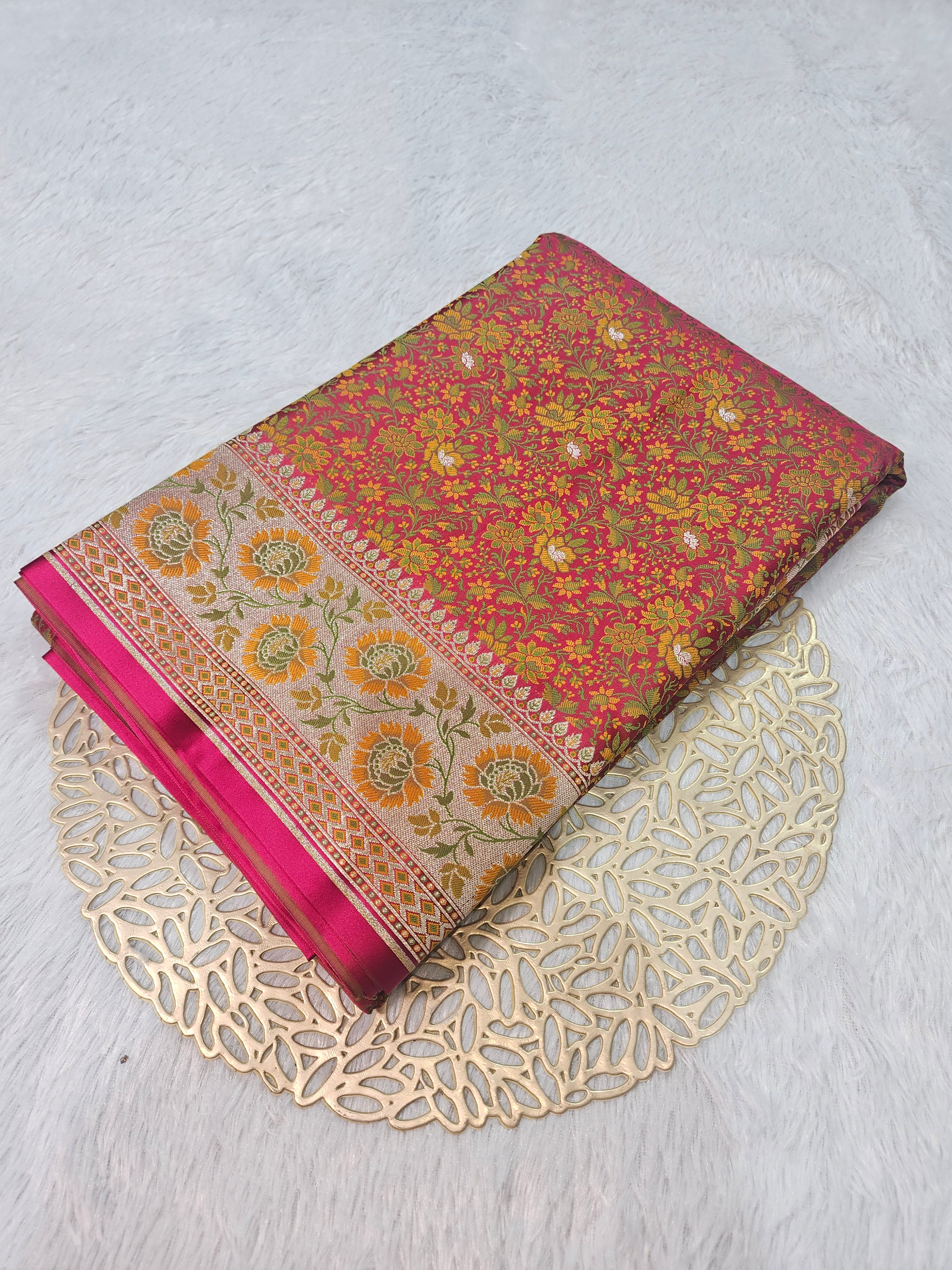 Rani Pink Banarasi Jamewar Satin Silk Saree with Gold Multi Mina.