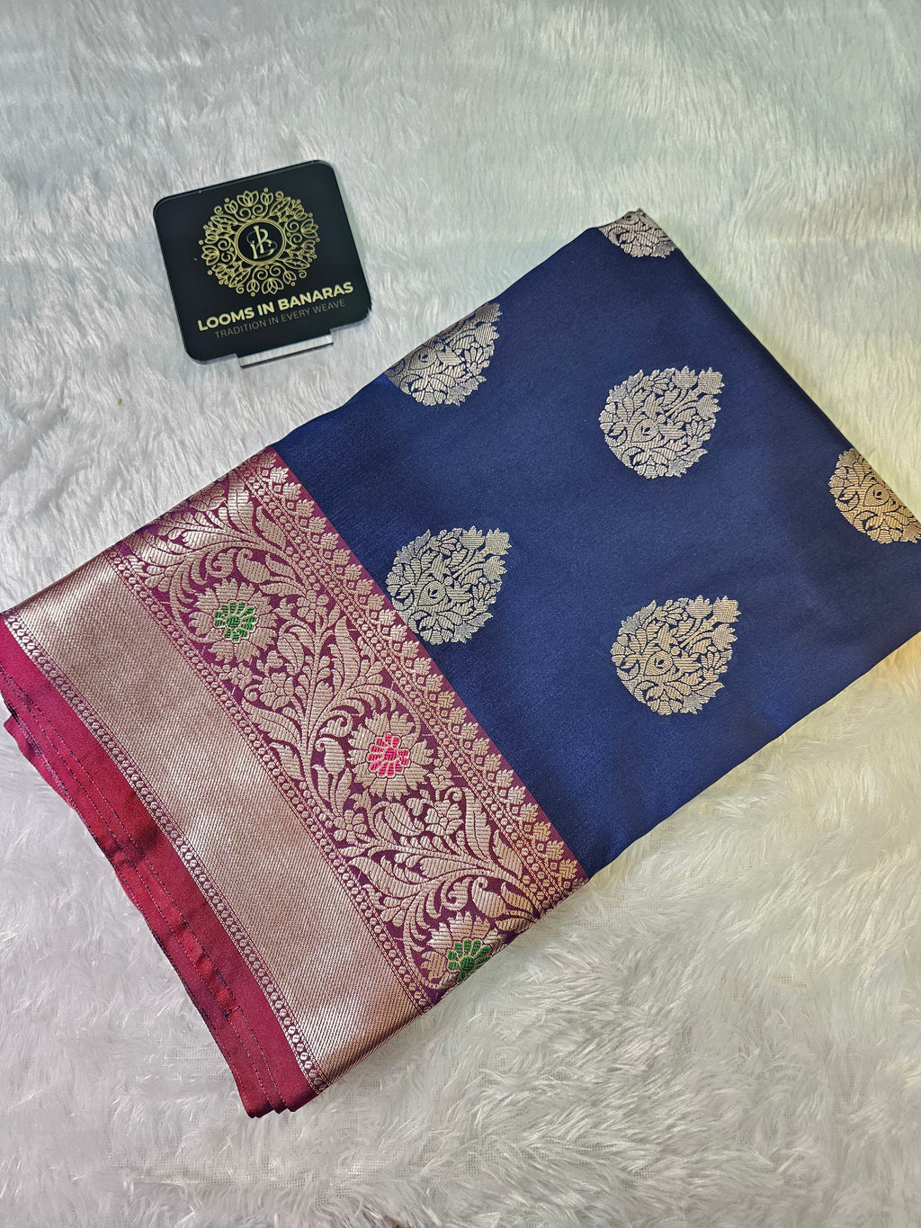 Blue and Red Contrast Banarasi Silk Buta Zari Border Saree