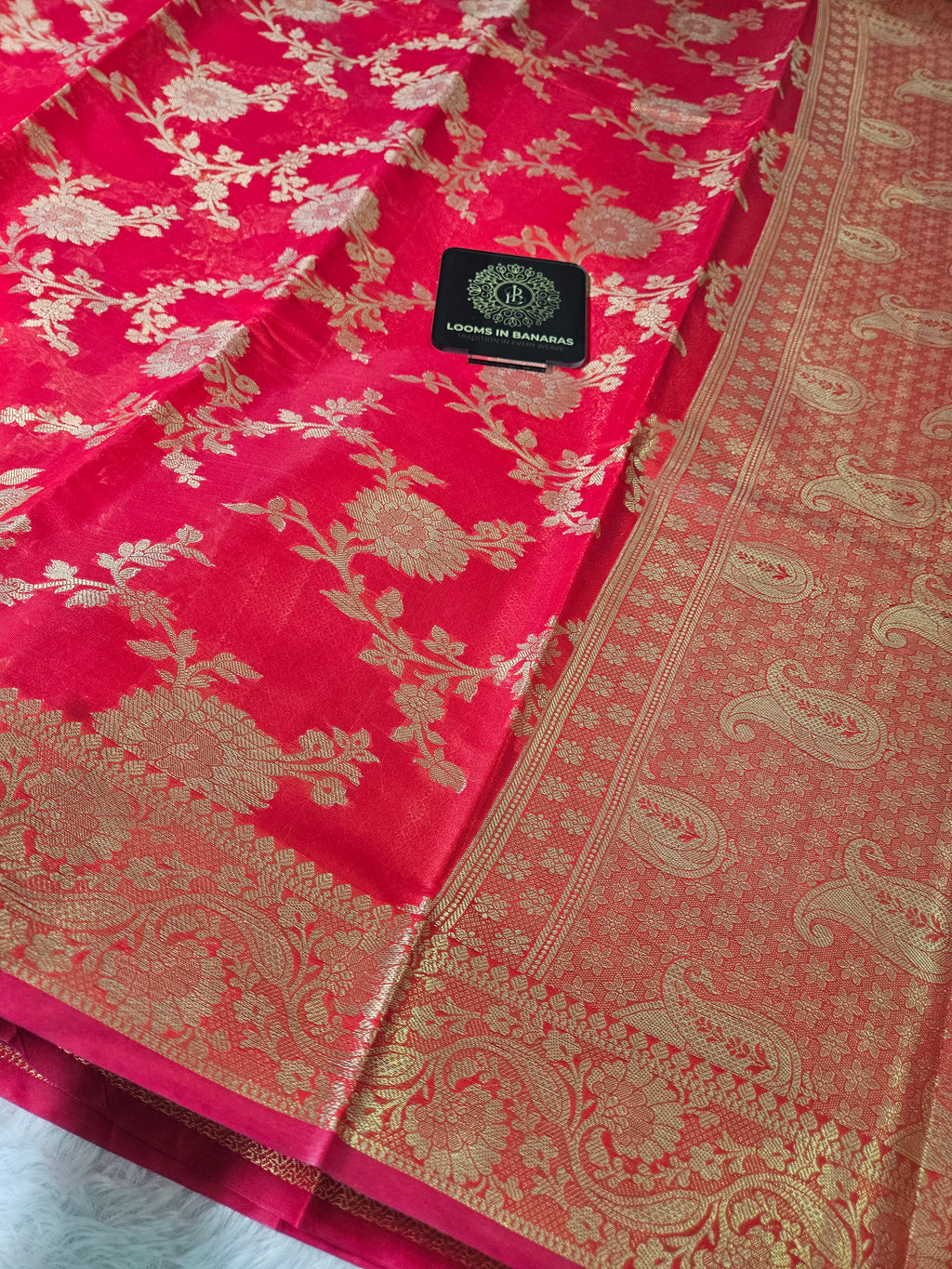 Banarasi Silk Red Jaal Zari Border Saree