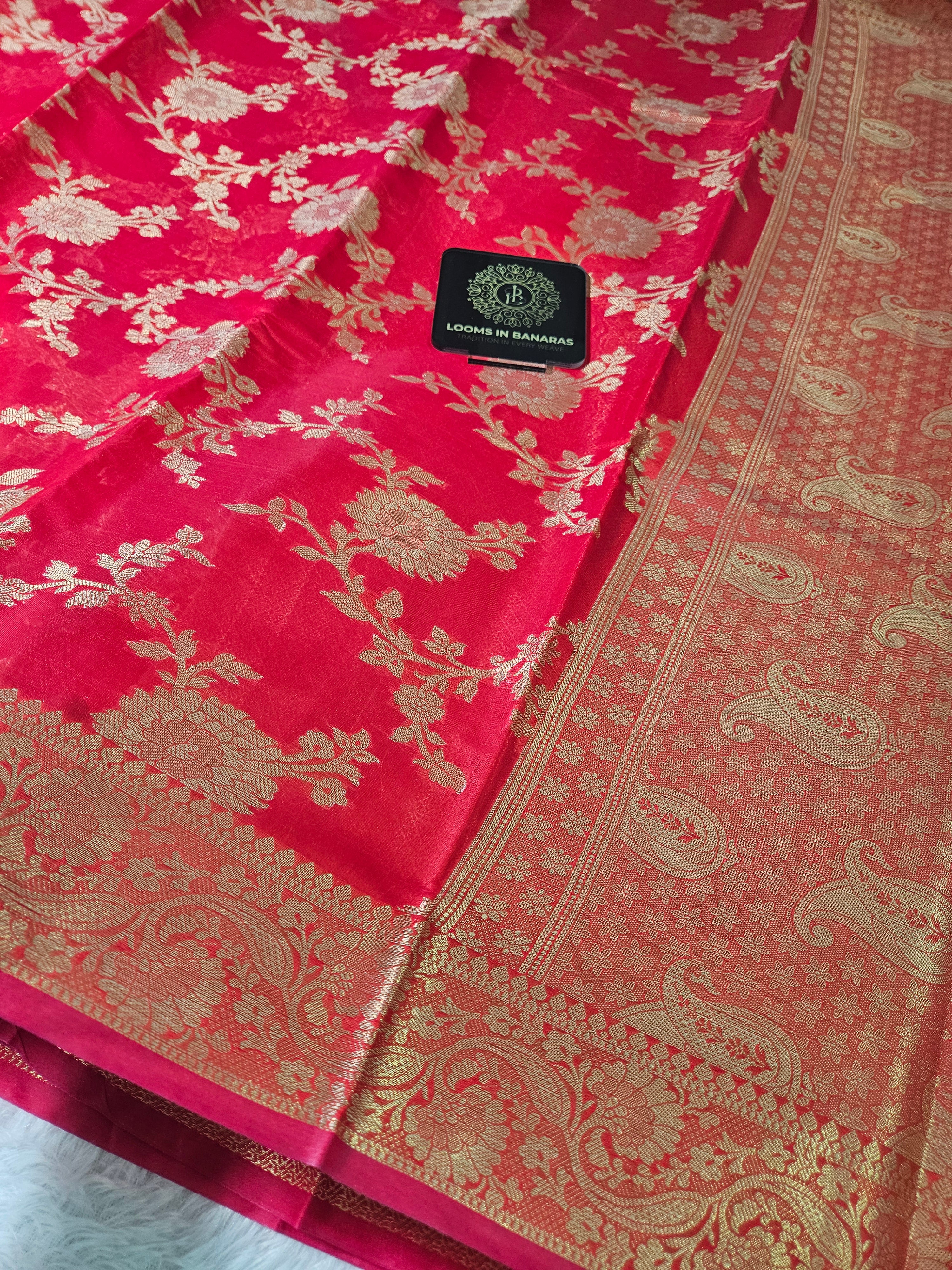 Banarasi Silk Red Jaal Zari Border Saree