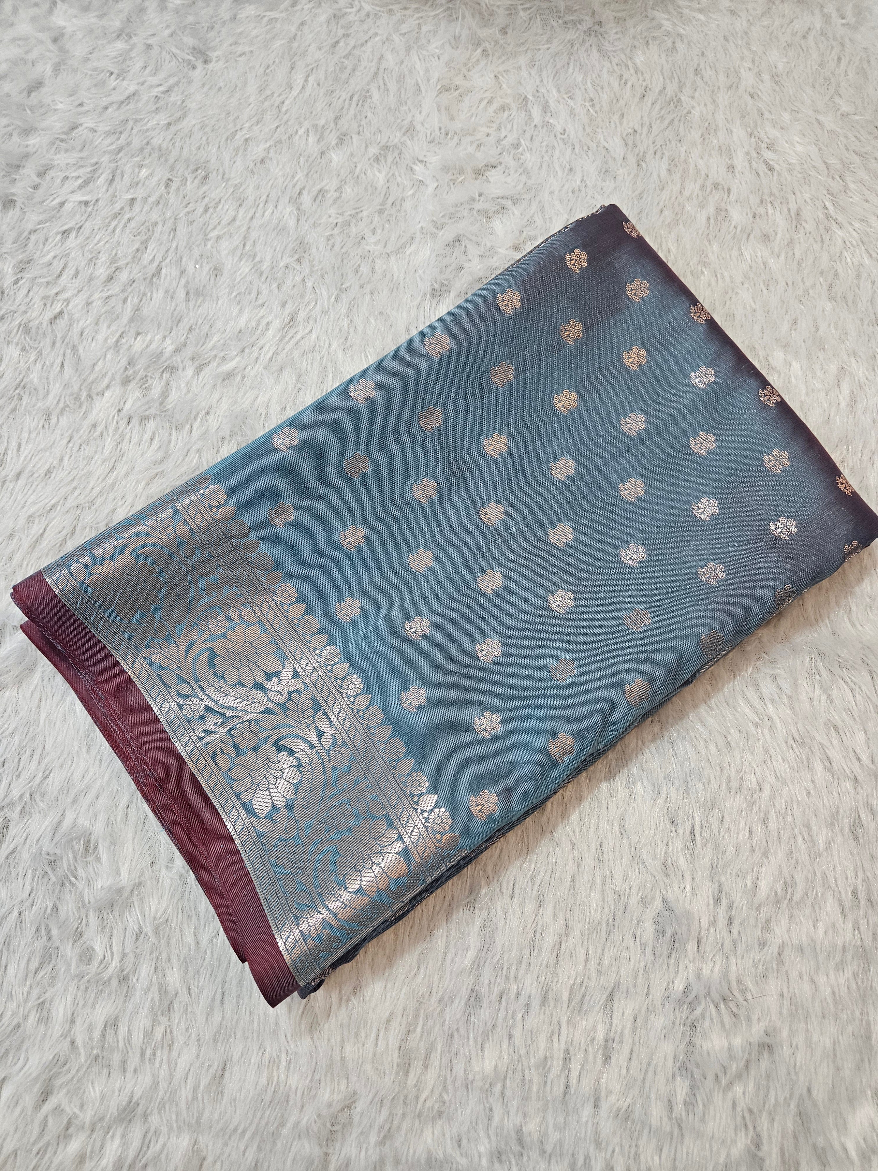 Banarasi Silk Blue Steel Grey Buti Zari Border Saree