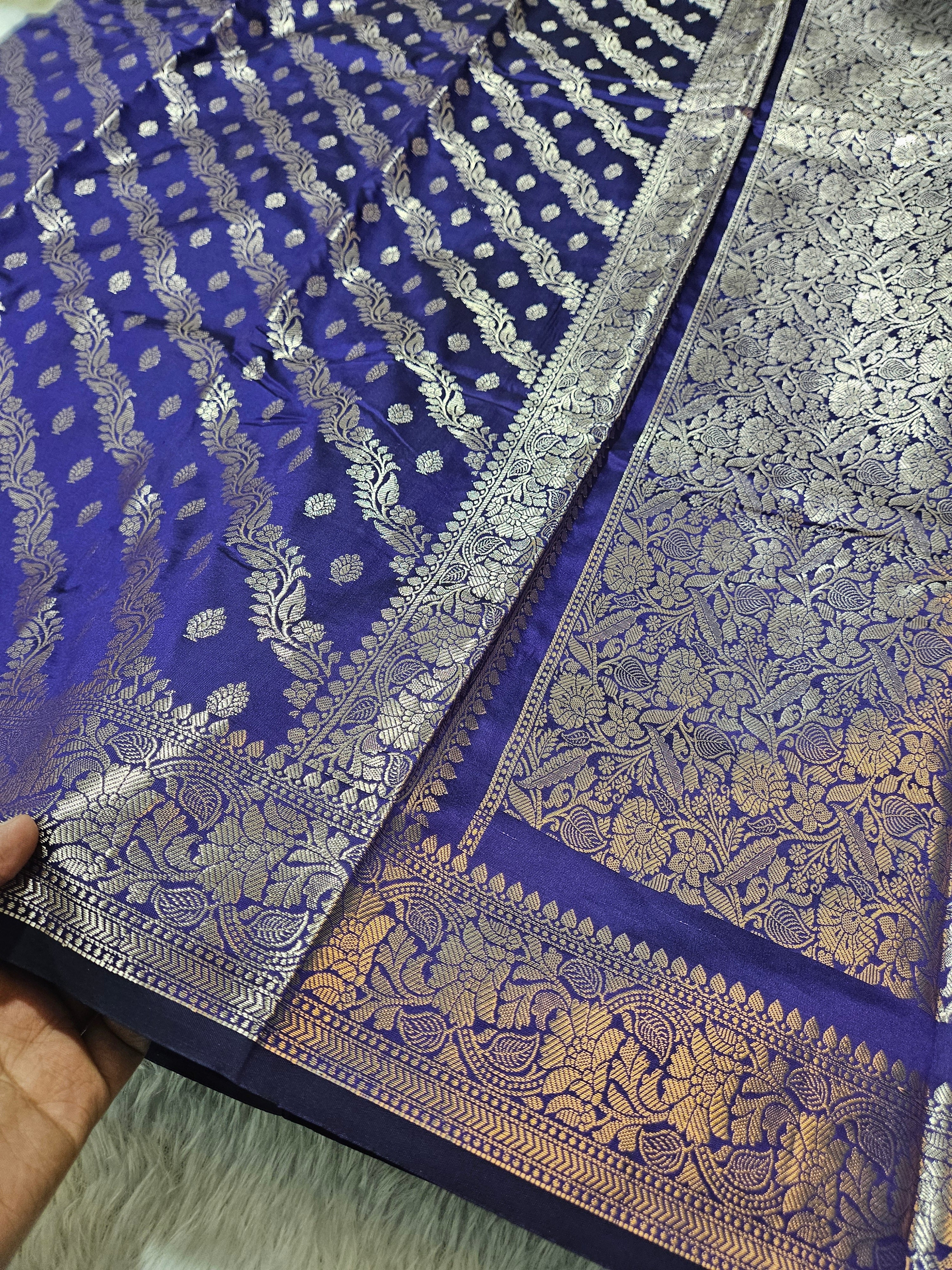 Banarasi Udda Blue Silk Jaal Zari Border Saree