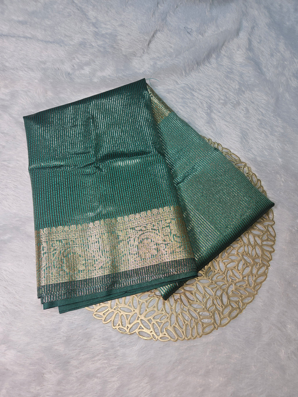 Rama Green Banarasi Soft Tissue Zari Stripe Design Saree