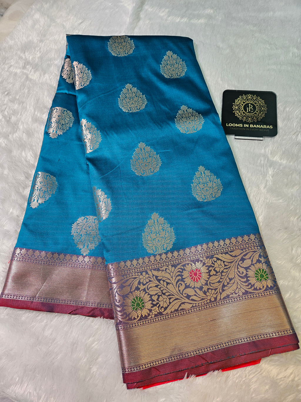 Firozi and Red Contrast Banarasi Silk Buta Zari Border Saree