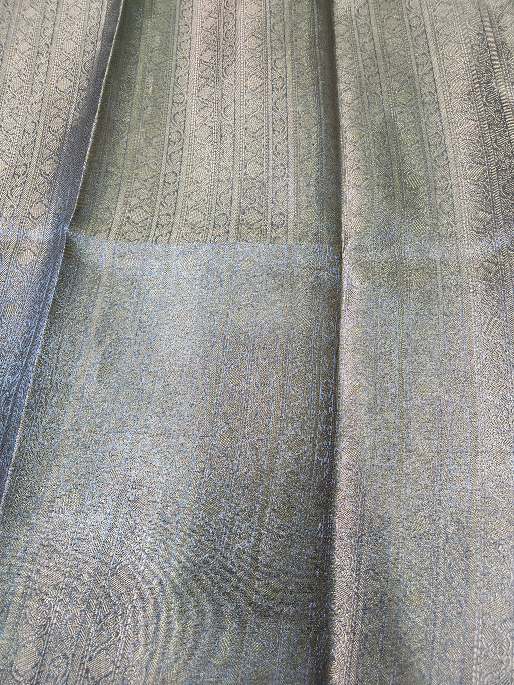 Metallic Grey Banarasi Tissue Zari Buti Design Small Border Saree