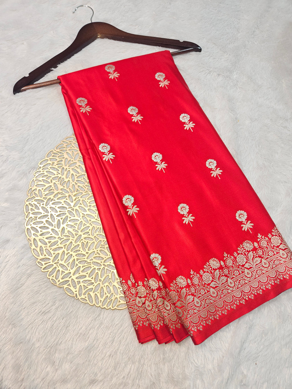 Red Banarasi Mashru Silk Alfi Border Booti Saree