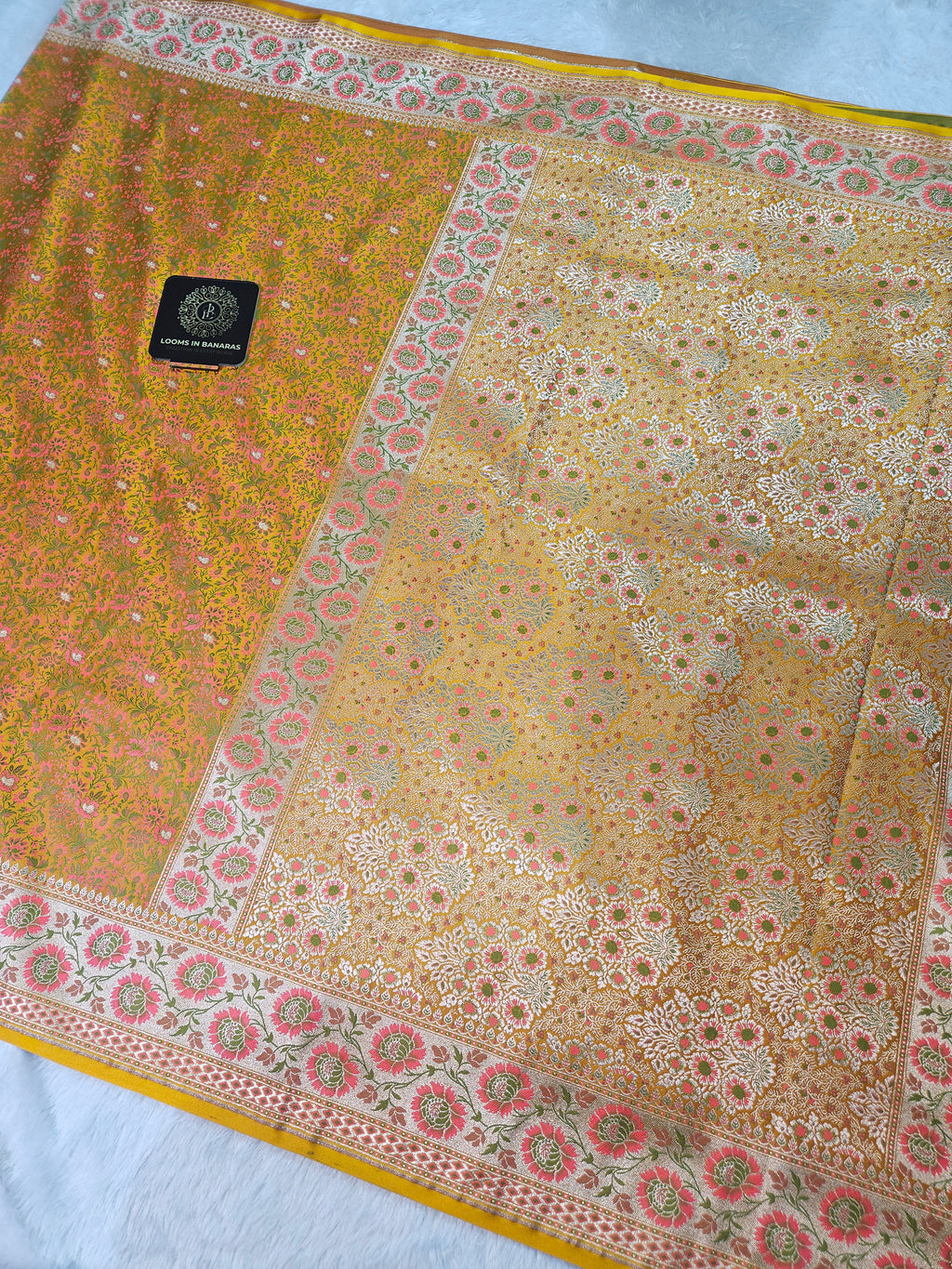 Gold Banarasi Jamewar Satin Silk Saree with Green Multi Mina.