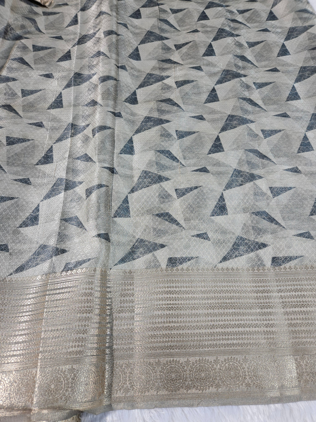 Pista Grey Banarasi Tanchui Digital Print Silk Saree with floral prints