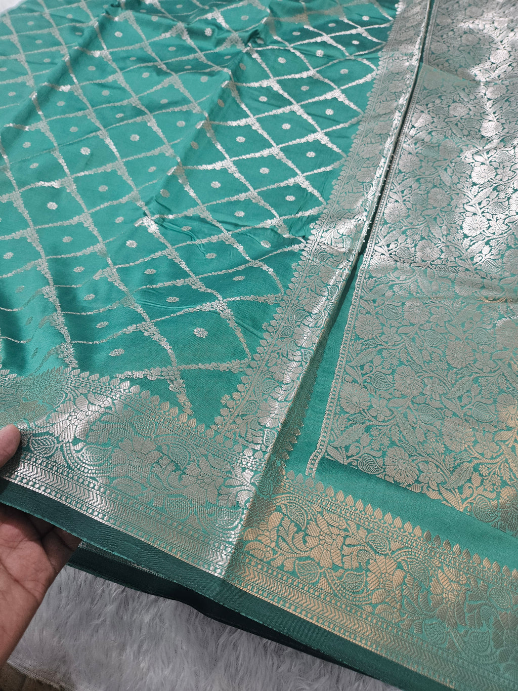 Sea Green Banarasi Silk Jaal Zari Border Saree