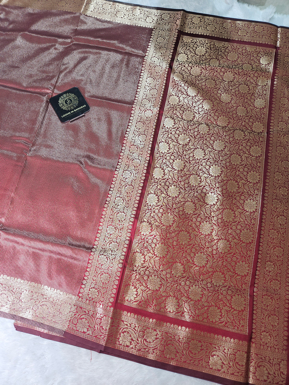 Maroon Banarasi Soft Tissue Zari Stripe Design Saree