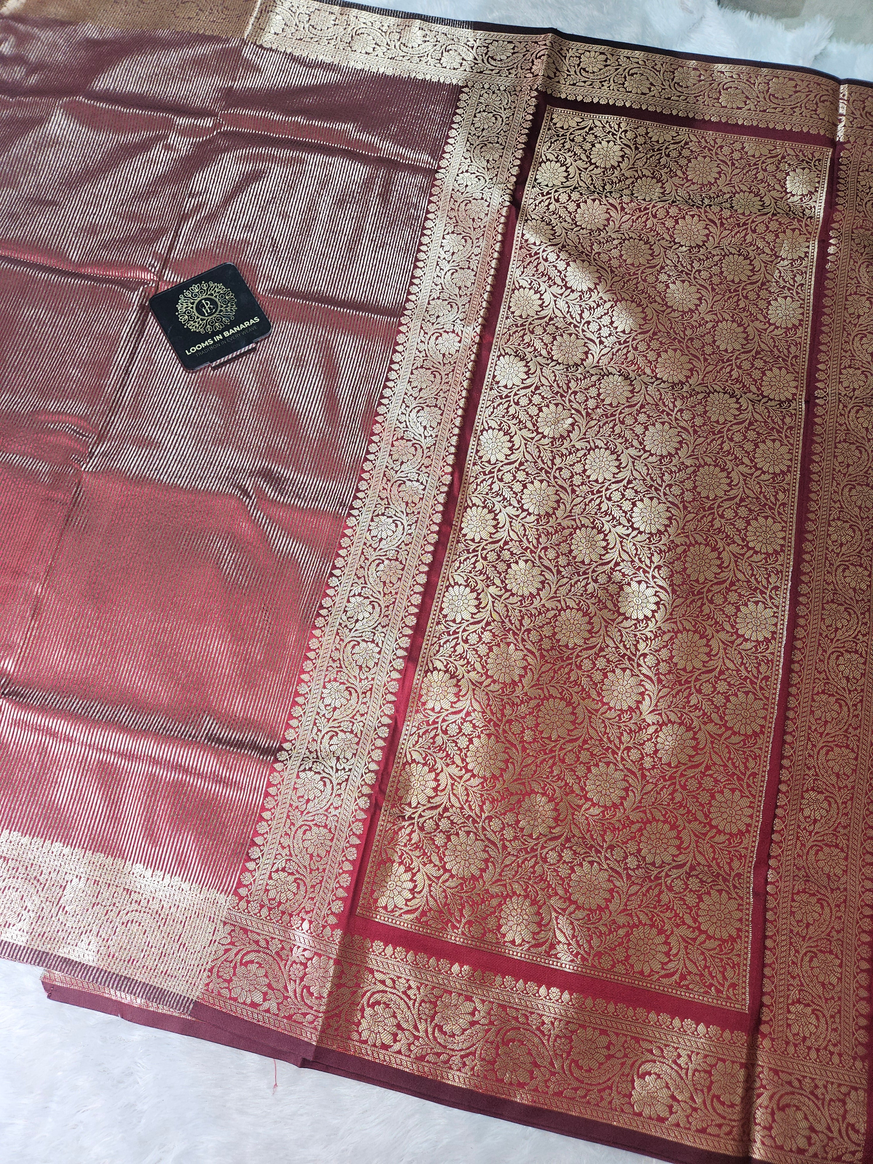 Maroon Banarasi Soft Tissue Zari Stripe Design Saree