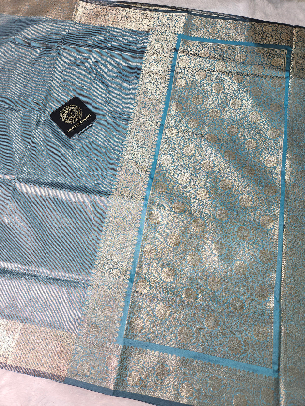 Firozi Banarasi Soft Tissue Zari Stripe Design Saree