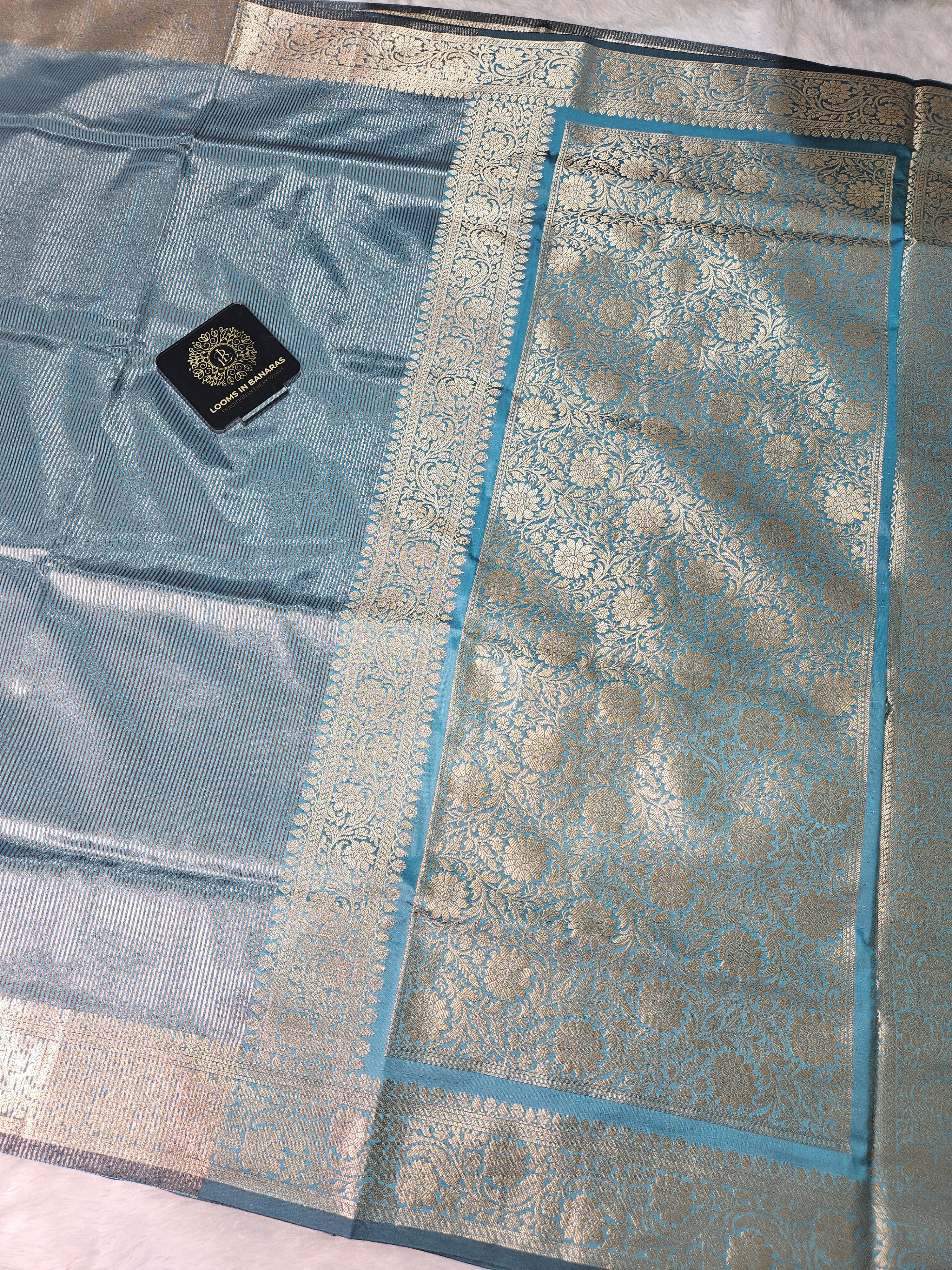 Firozi Banarasi Soft Tissue Zari Stripe Design Saree