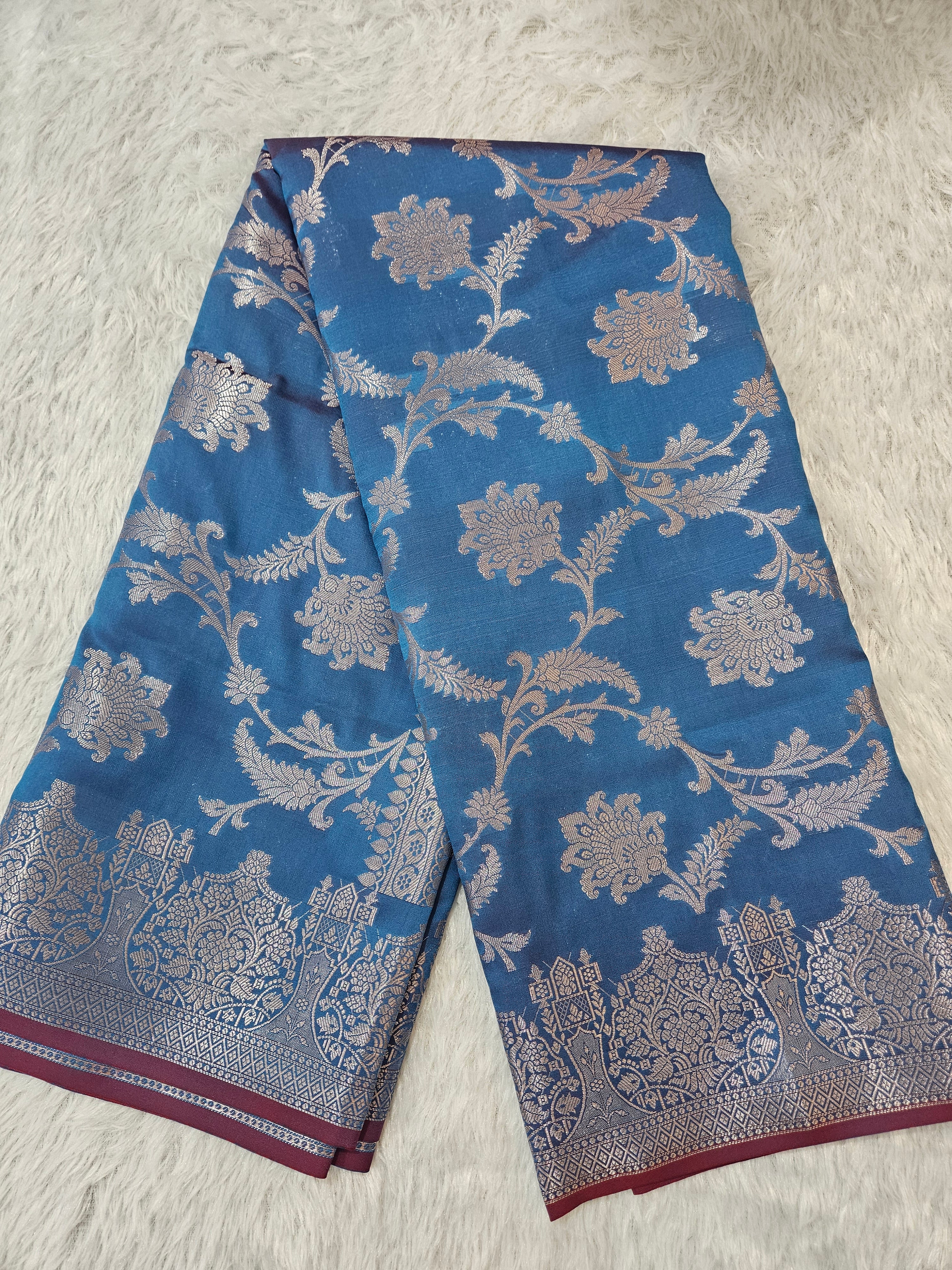 Banarasi Silk Firozi Jaal Zari Border Saree