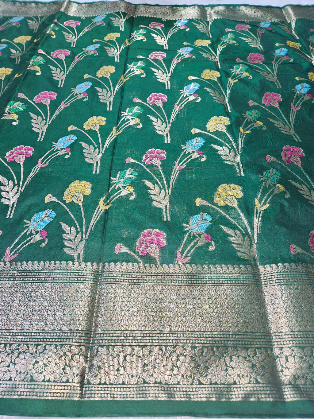 Banarasi Green Katan Silk Tilfi Minakari Jaal Design Saree