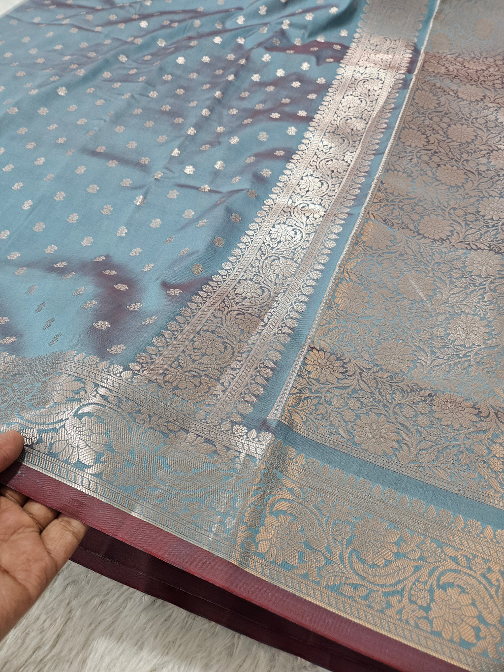 Banarasi Silk Blue Steel Grey Buti Zari Border Saree