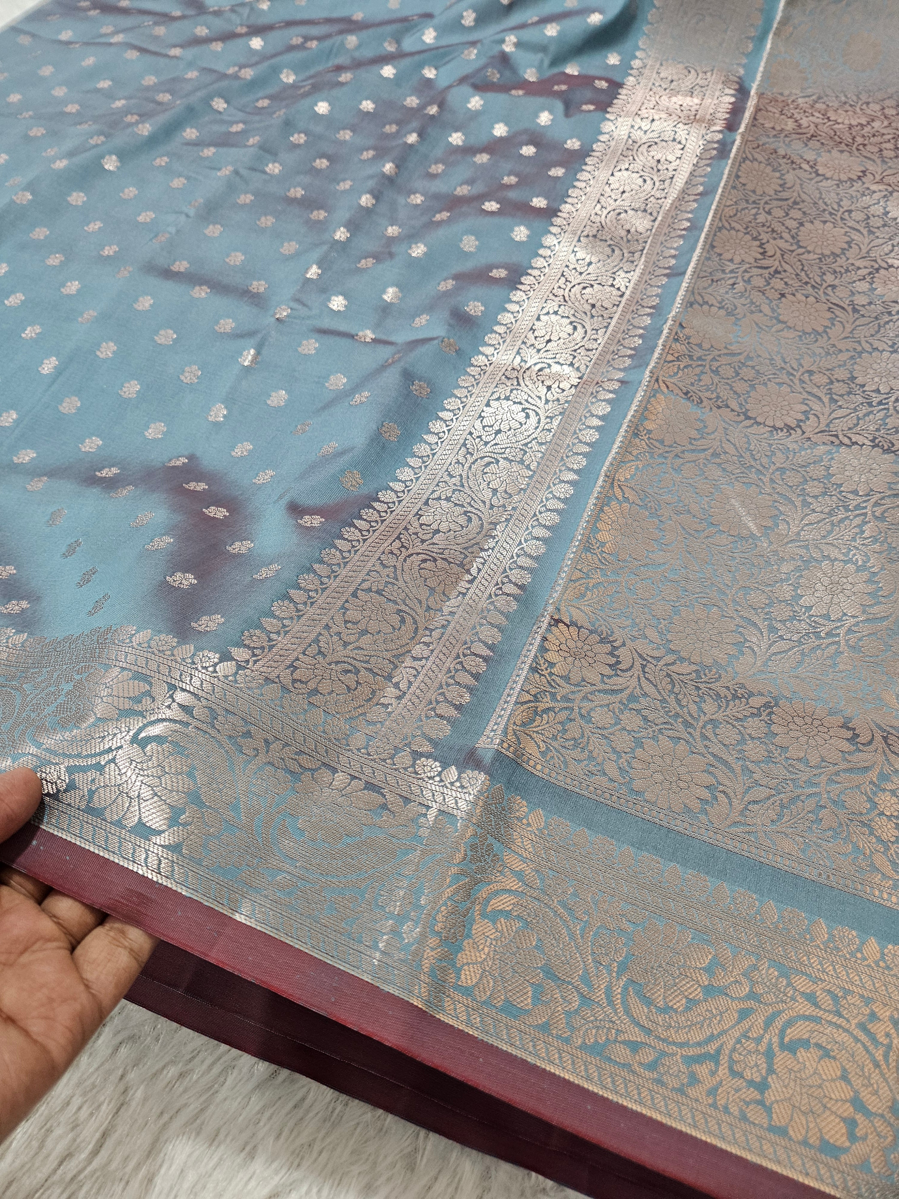 Banarasi Silk Blue Steel Grey Buti Zari Border Saree