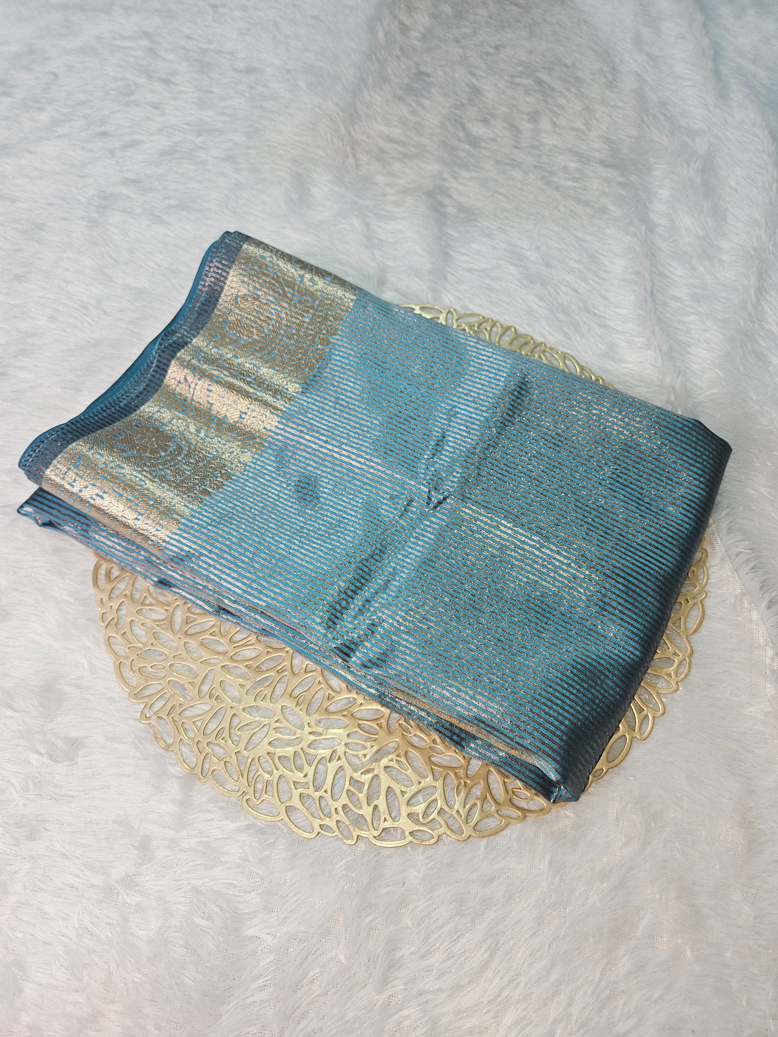 Firozi Banarasi Soft Tissue Zari Stripe Design Saree