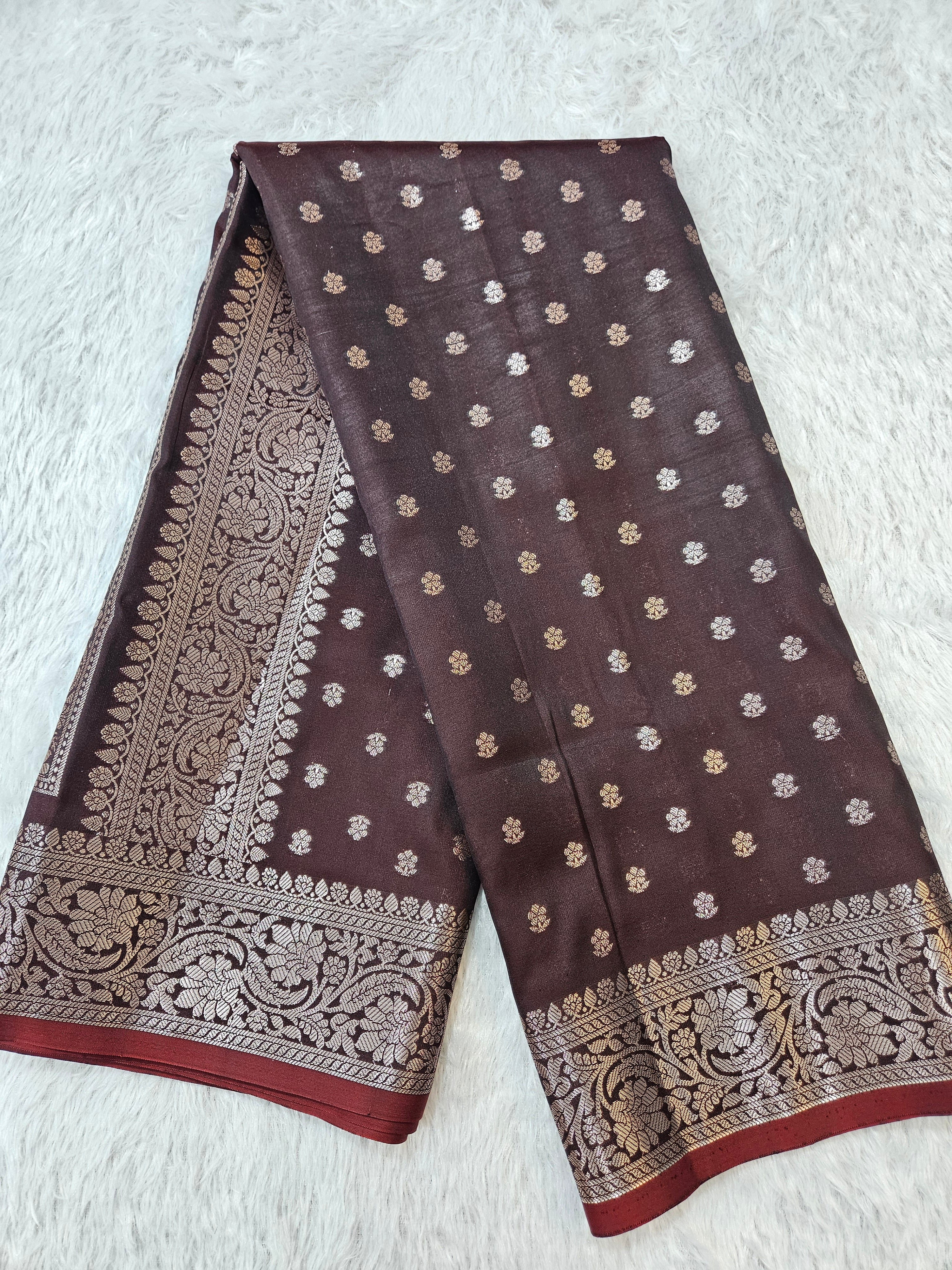 Banarasi Silk Brown Buti Zari Border Saree