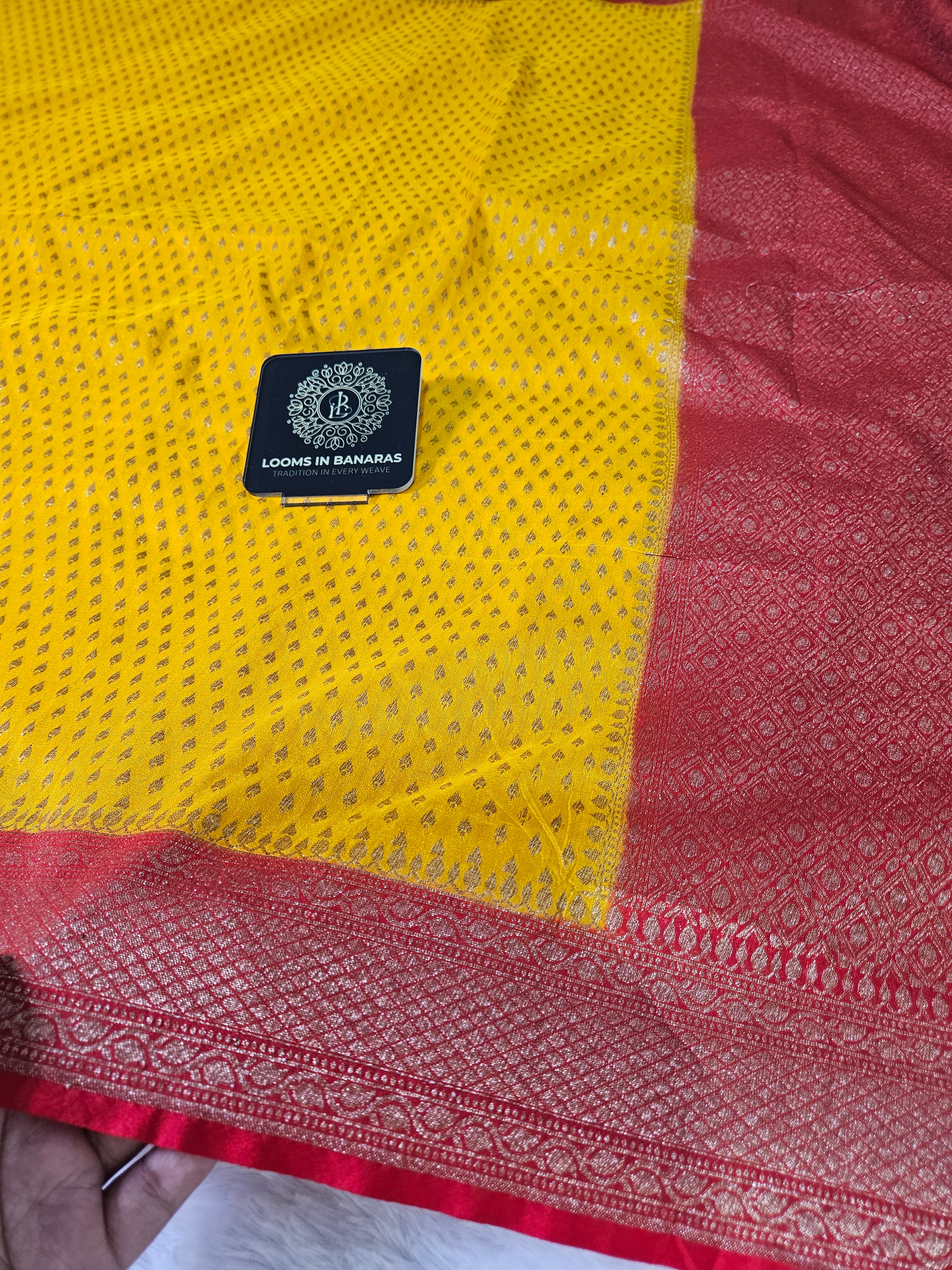 Banarasi Georgette Yellow Contrast Red Saree with Antique Zari Border buti