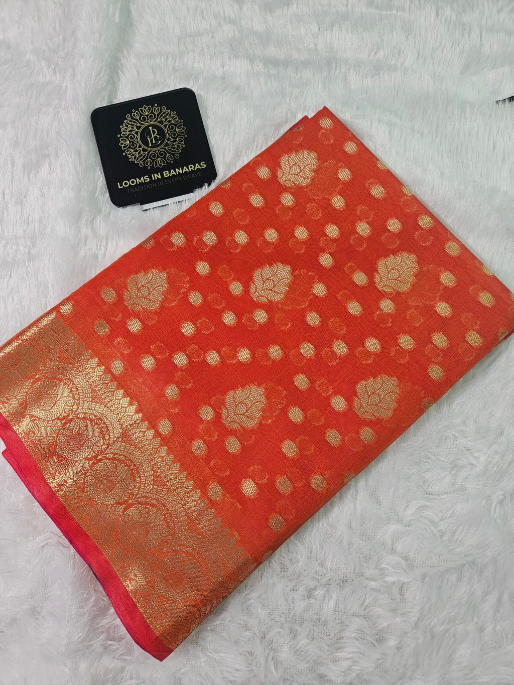 Banarasi Silk Orange Buti Zari Border Saree