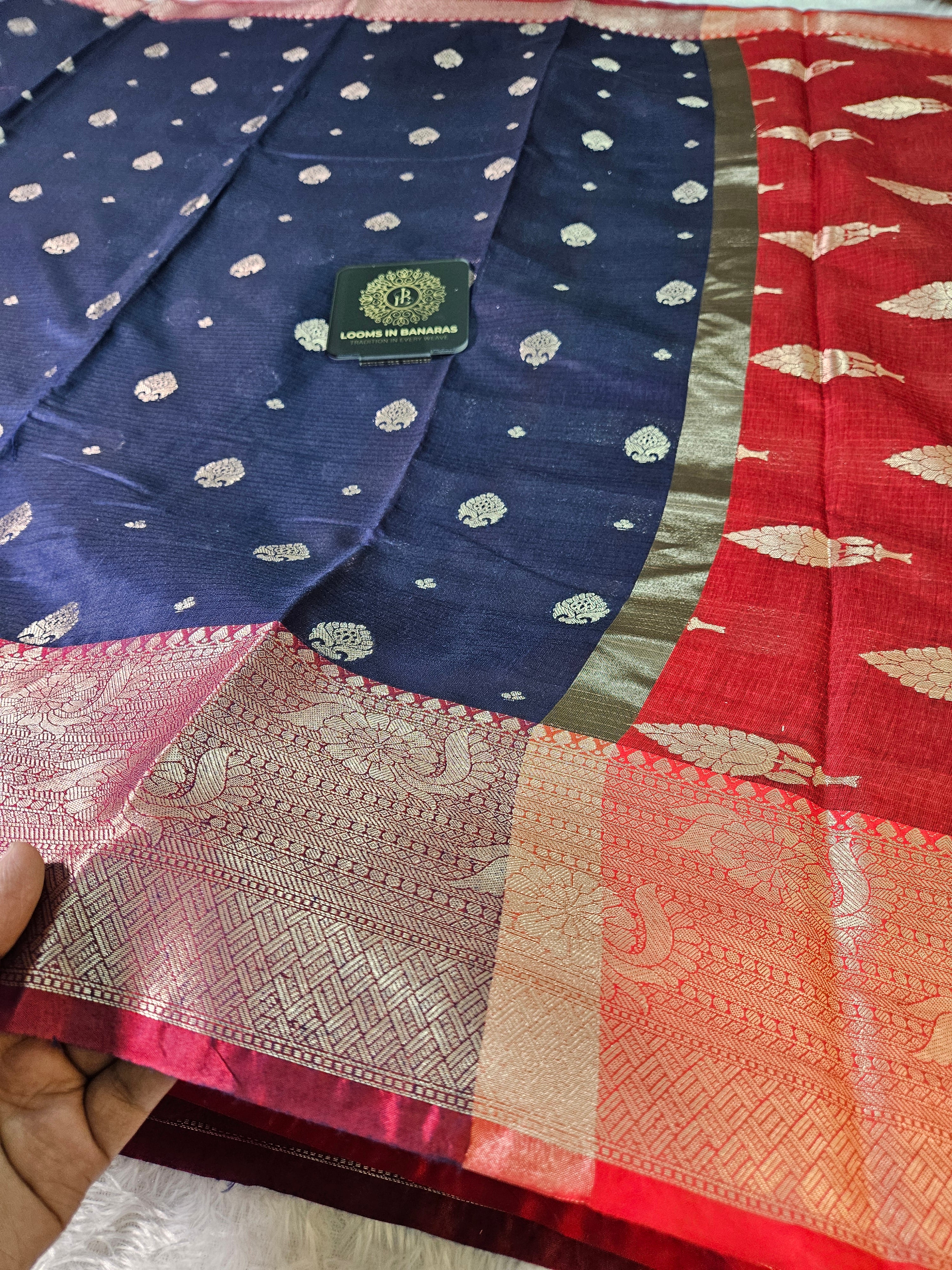 Navy Blue and Red Contrast Banarasi Cotton Zari Border Boota Saree