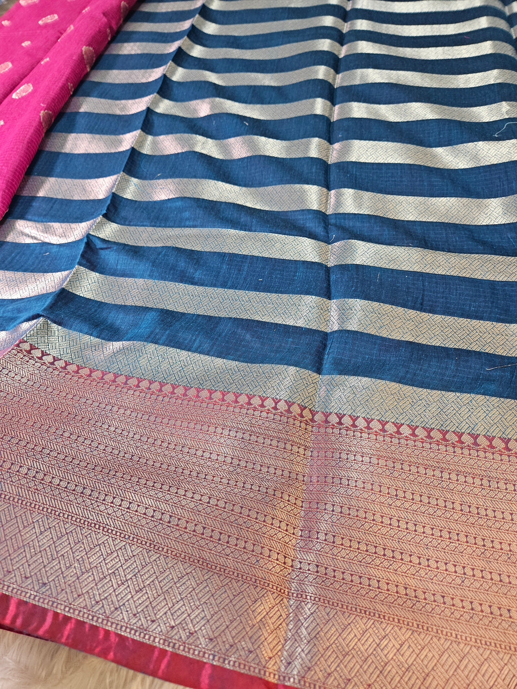 Rani and Blue Contrast Banarasi Cotton Zari Border Boota Saree