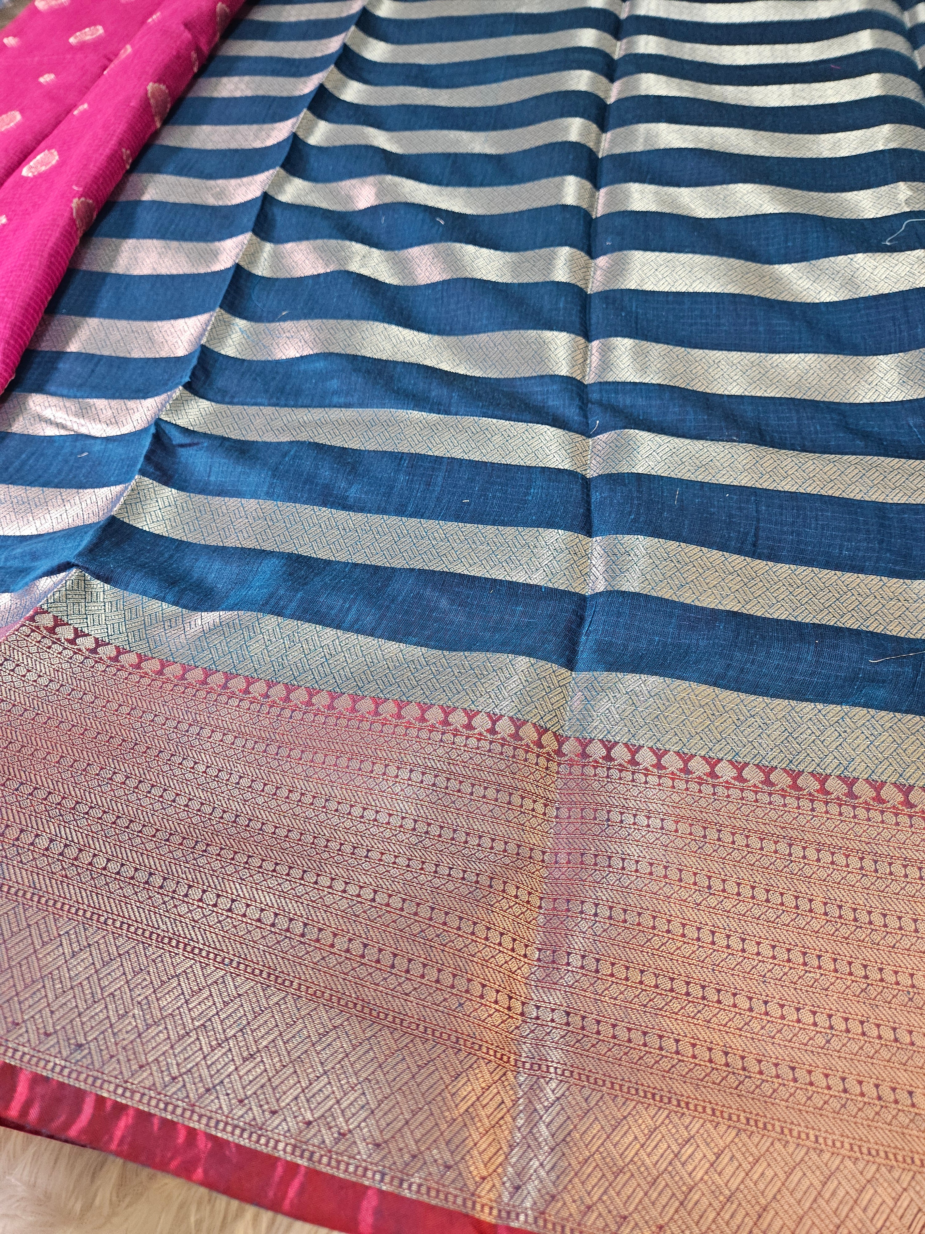Rani and Blue Contrast Banarasi Cotton Zari Border Boota Saree