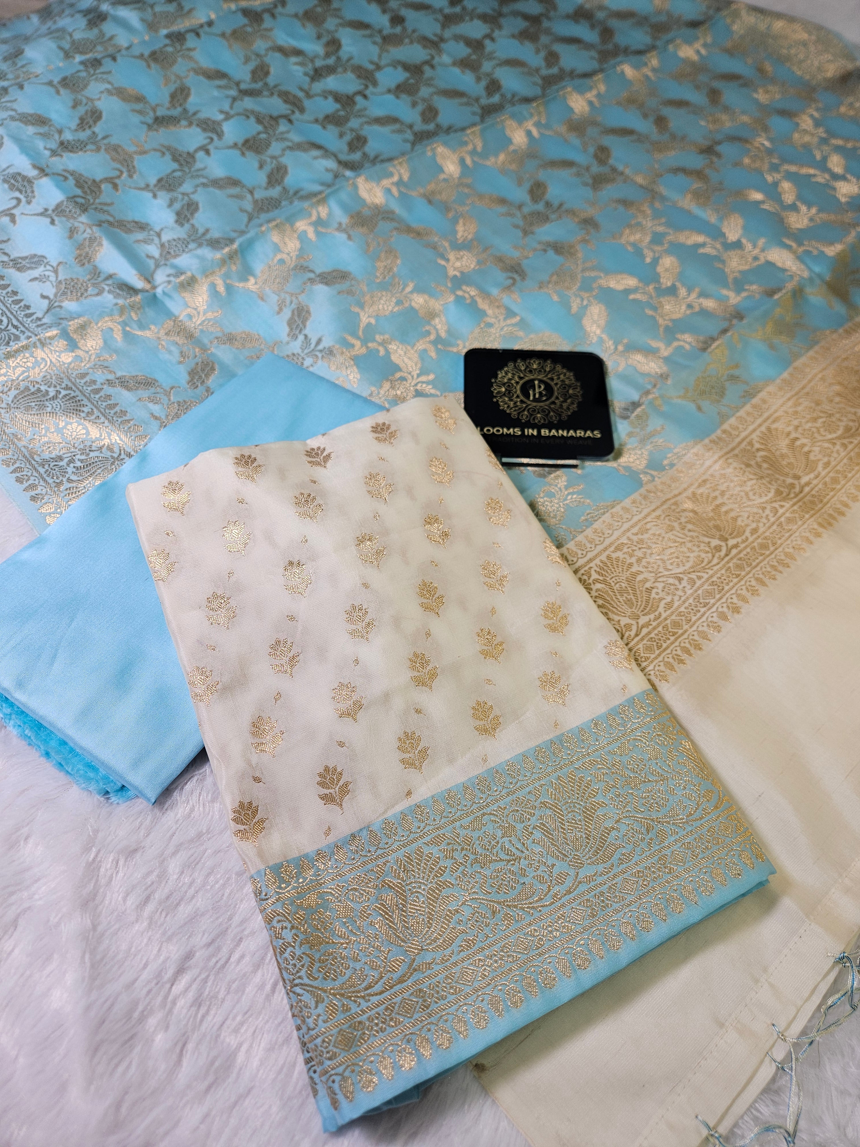 White And Firozi Contrast Zari Buti Banarasi Silk Suit