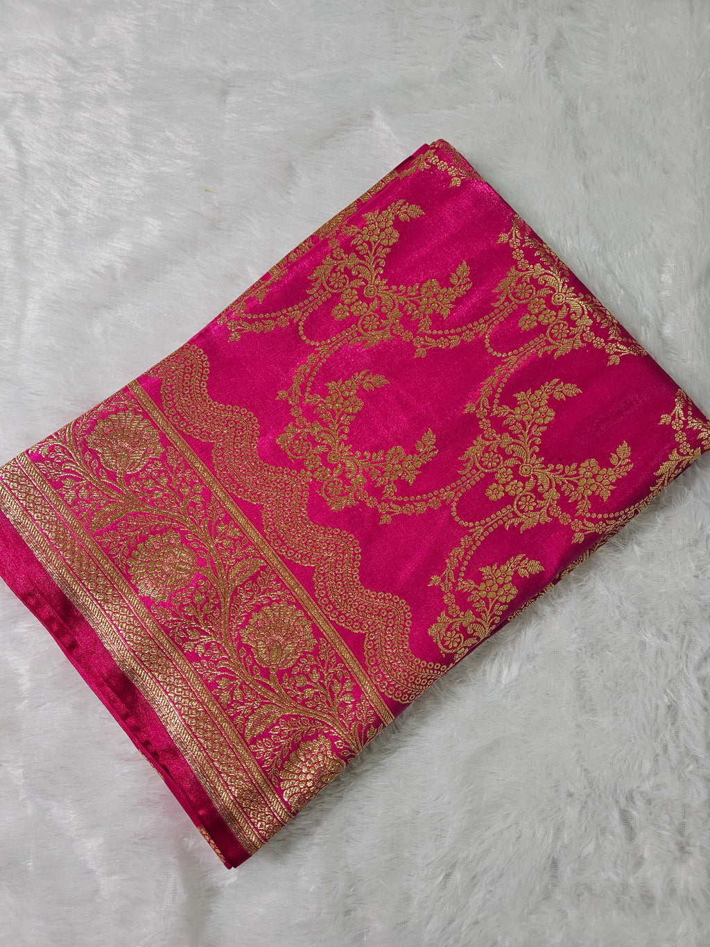 Rani Pink Satin Silk Banarasi Border Jangla Saree