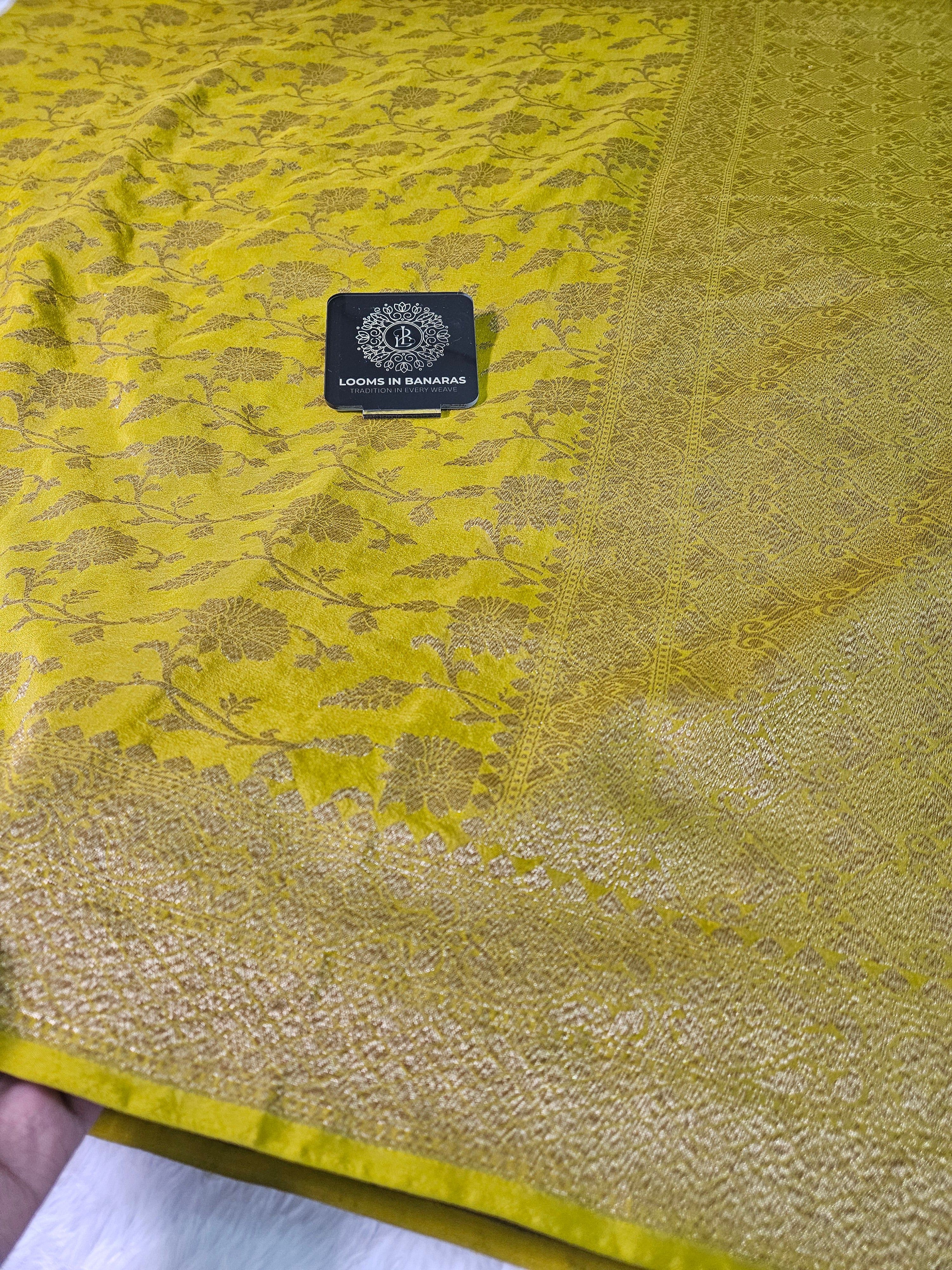 Banarasi Georgette Mustar Saree with Antique Zari Border Jaal